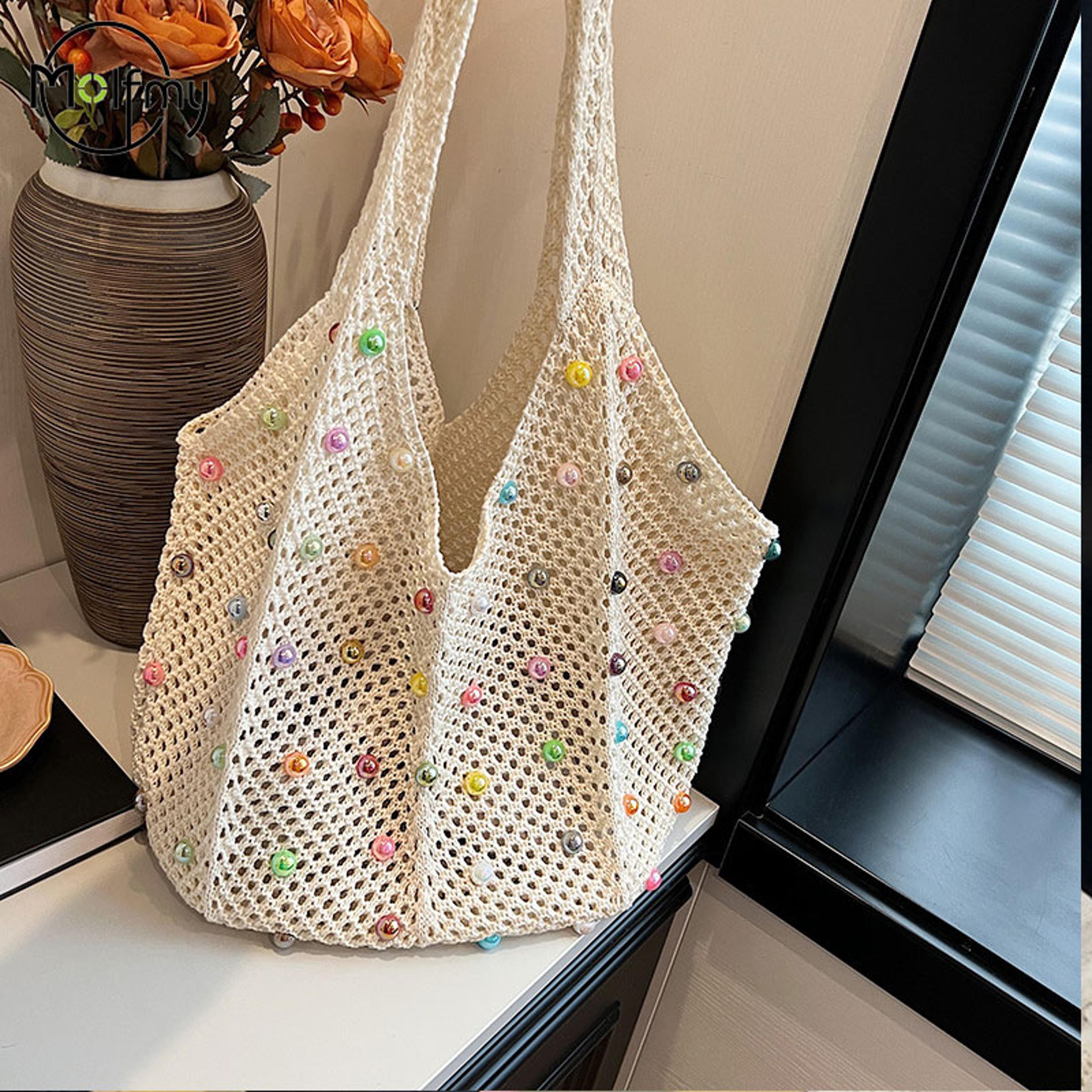 knit beach handbag with colored pearls