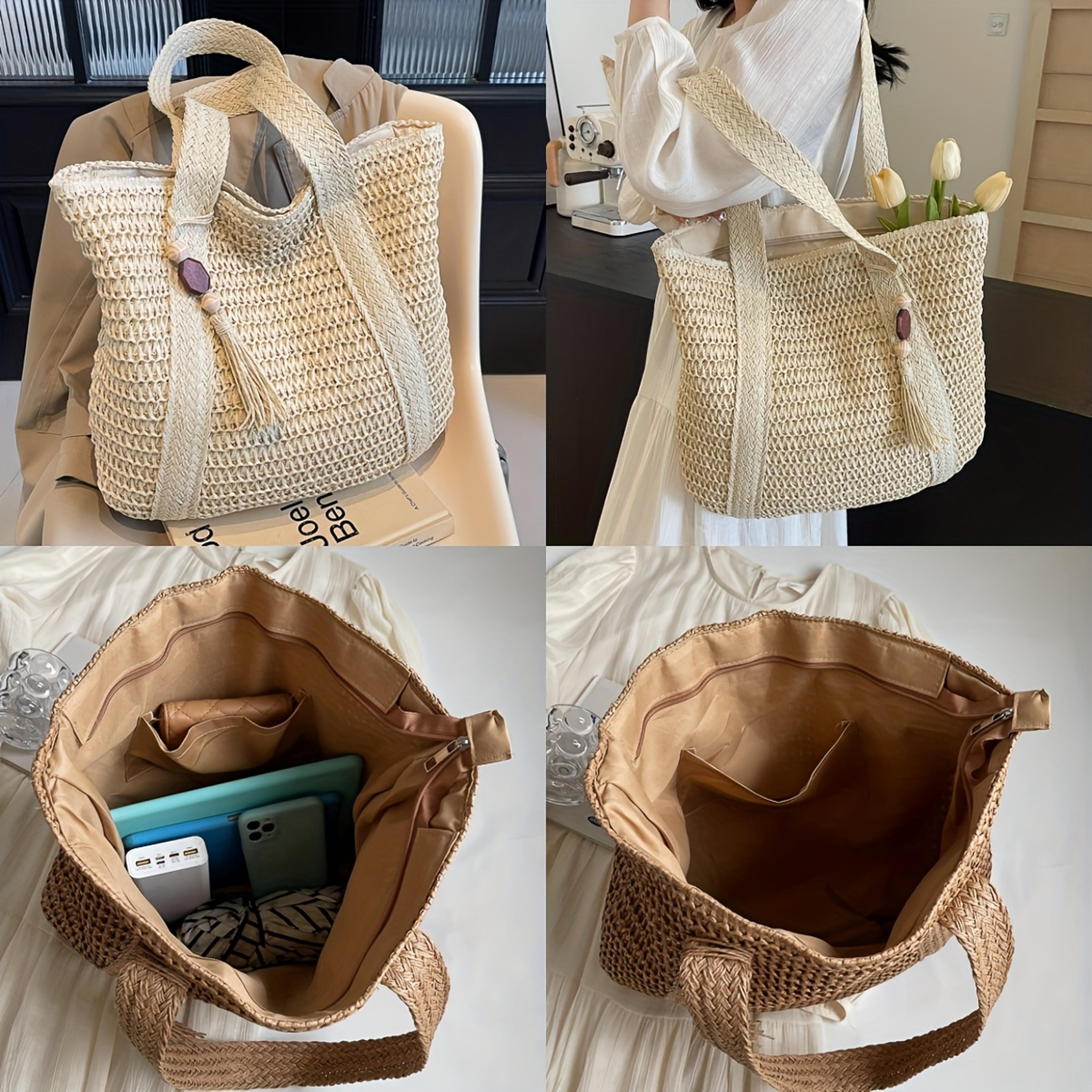 handmade woven tote bag chic straw summer beach shoulder bag
