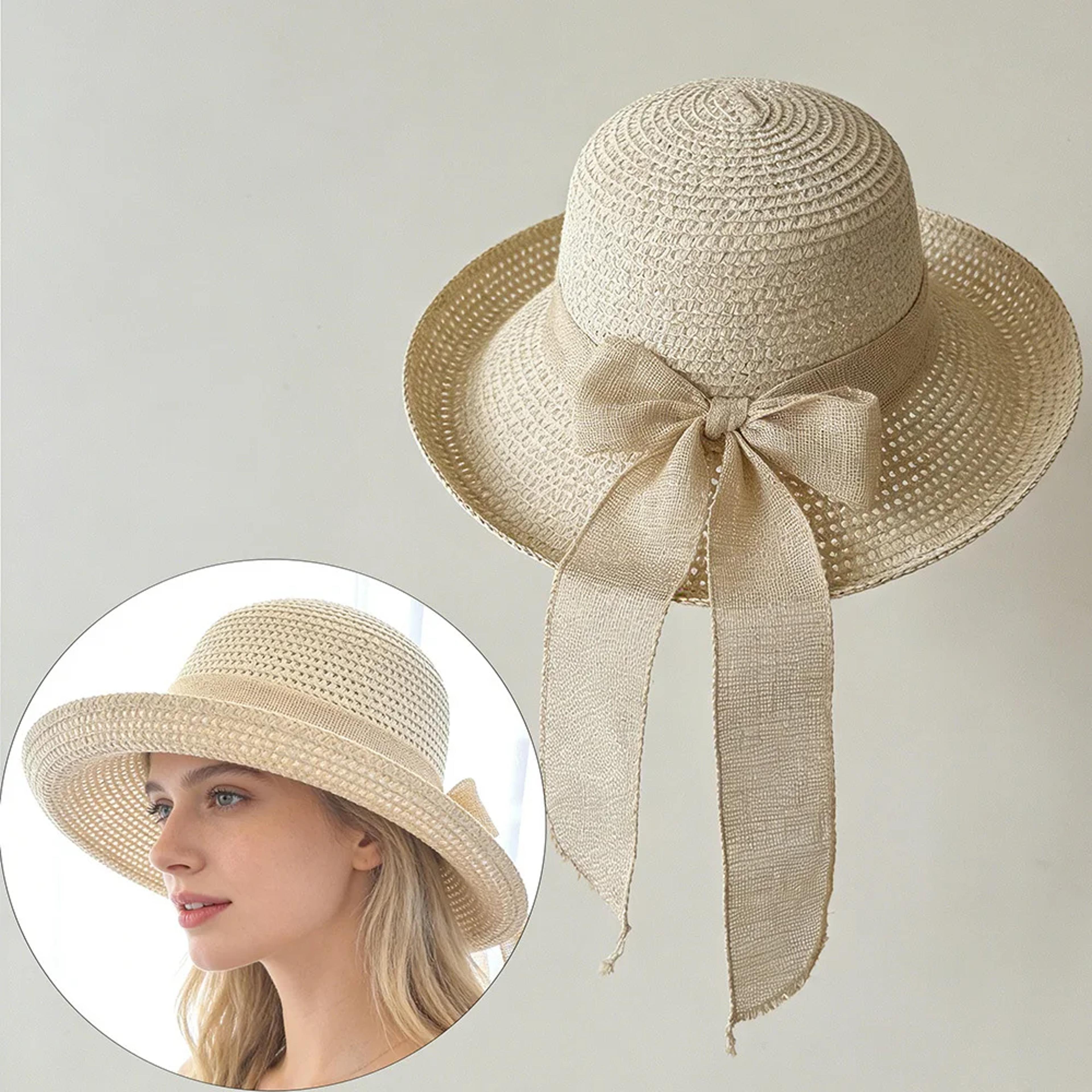 summer wide brim straw sun hat - foldable beach visor with elegant ribbon bow