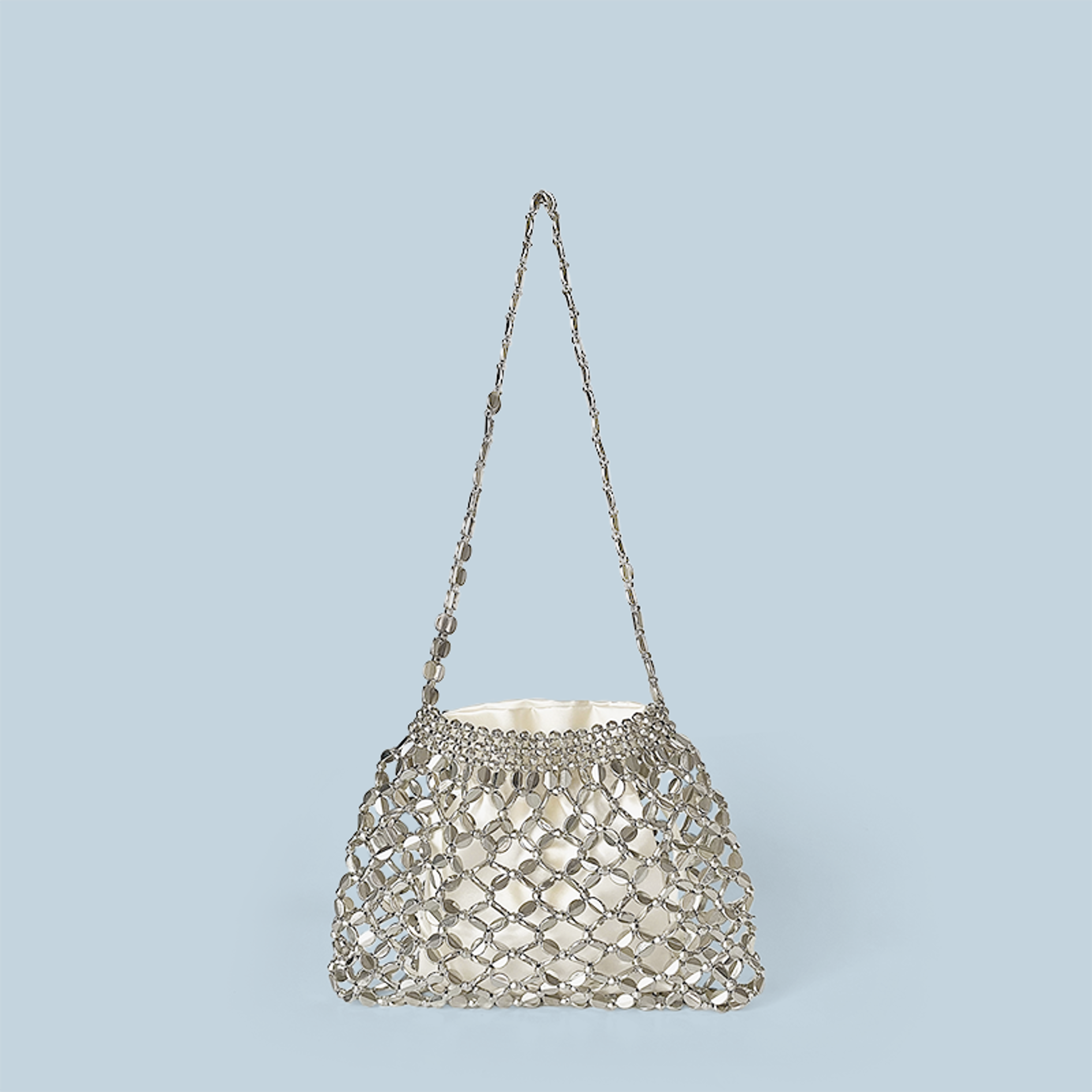 handmade beaded silver shoulder bag – niche woven evening clutch and summer handbag