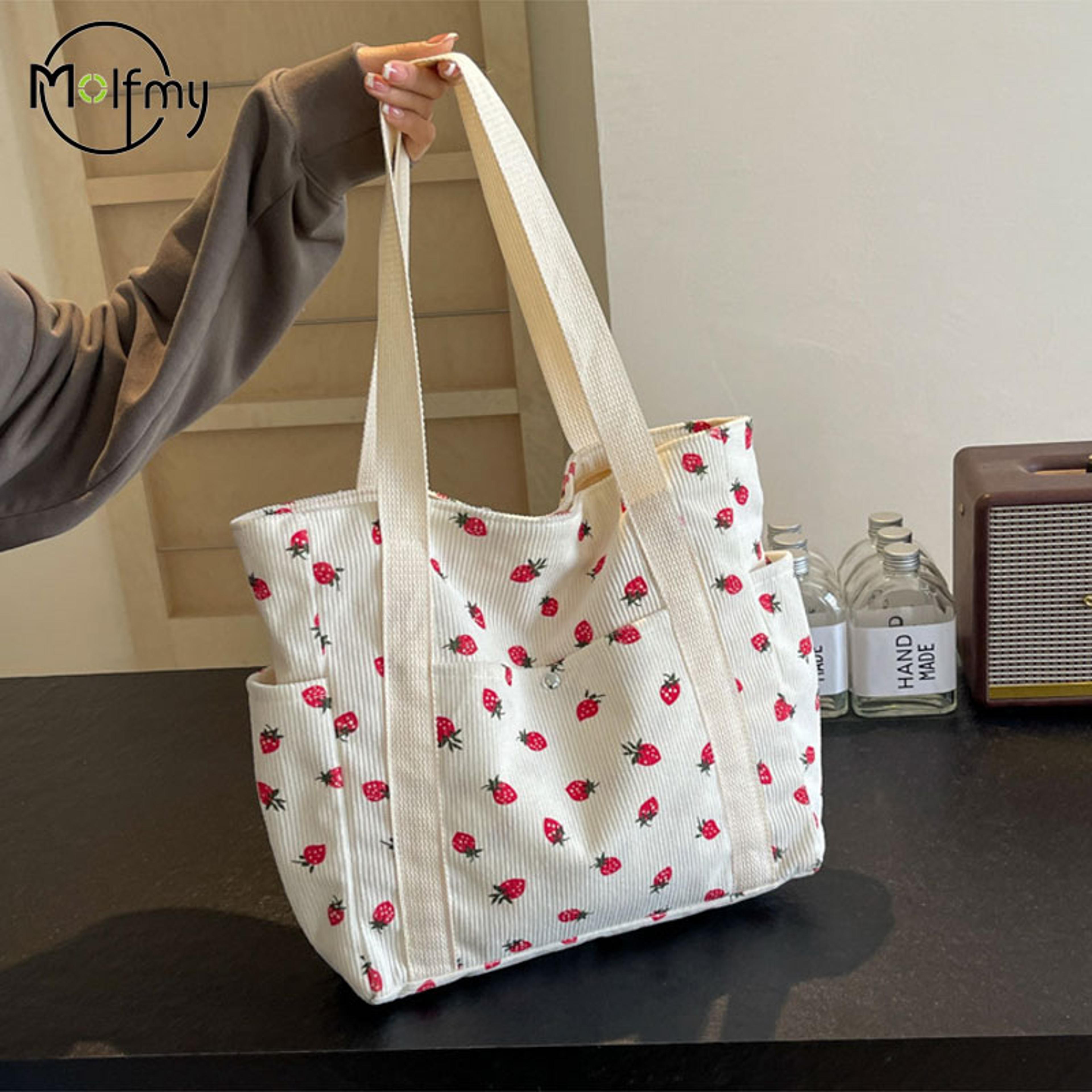 cute strawberry corduroy tote bag sweet aesthetic casual shoulder bag for women