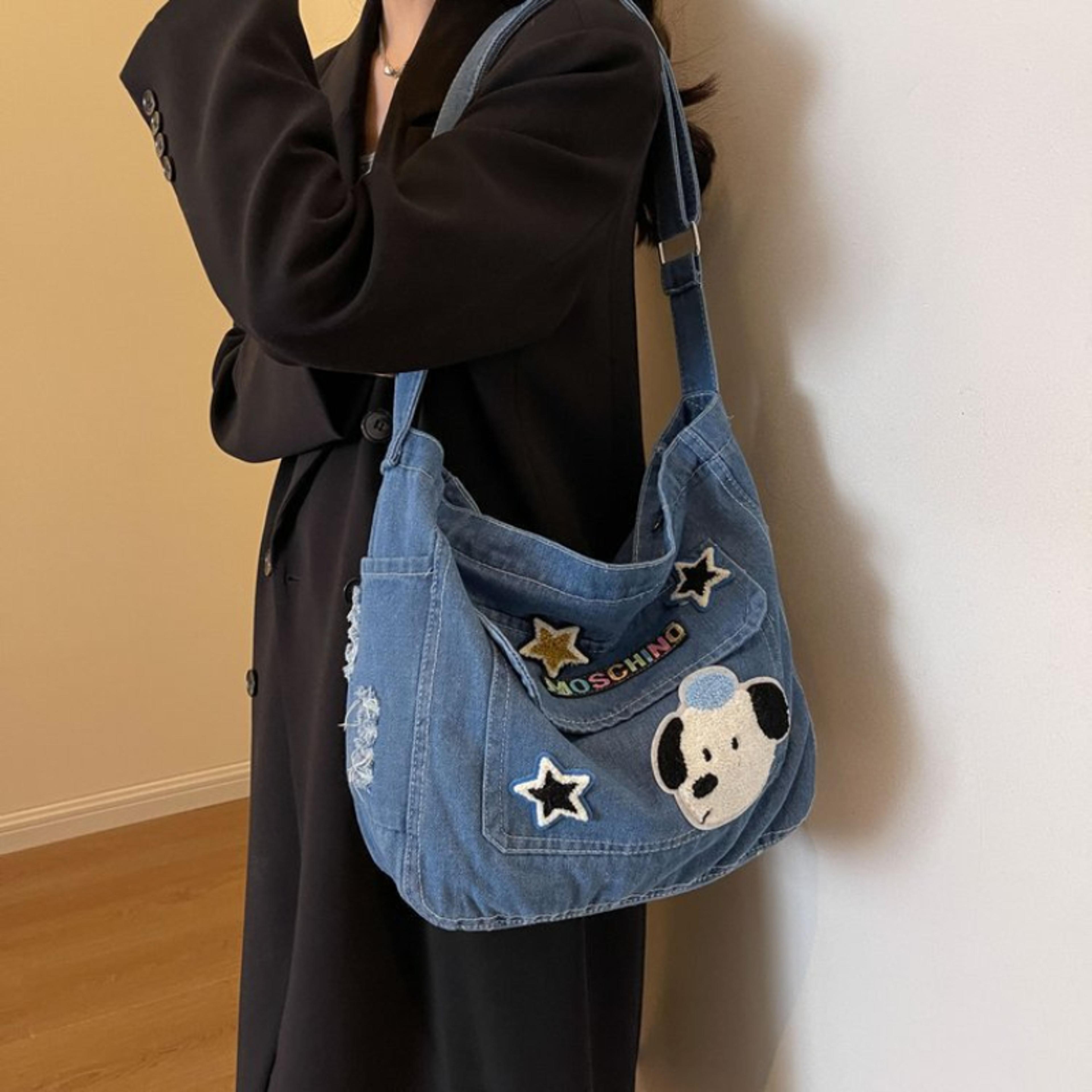 korean style crossbody bag cute denim tote bag with cartoon embroidery for students