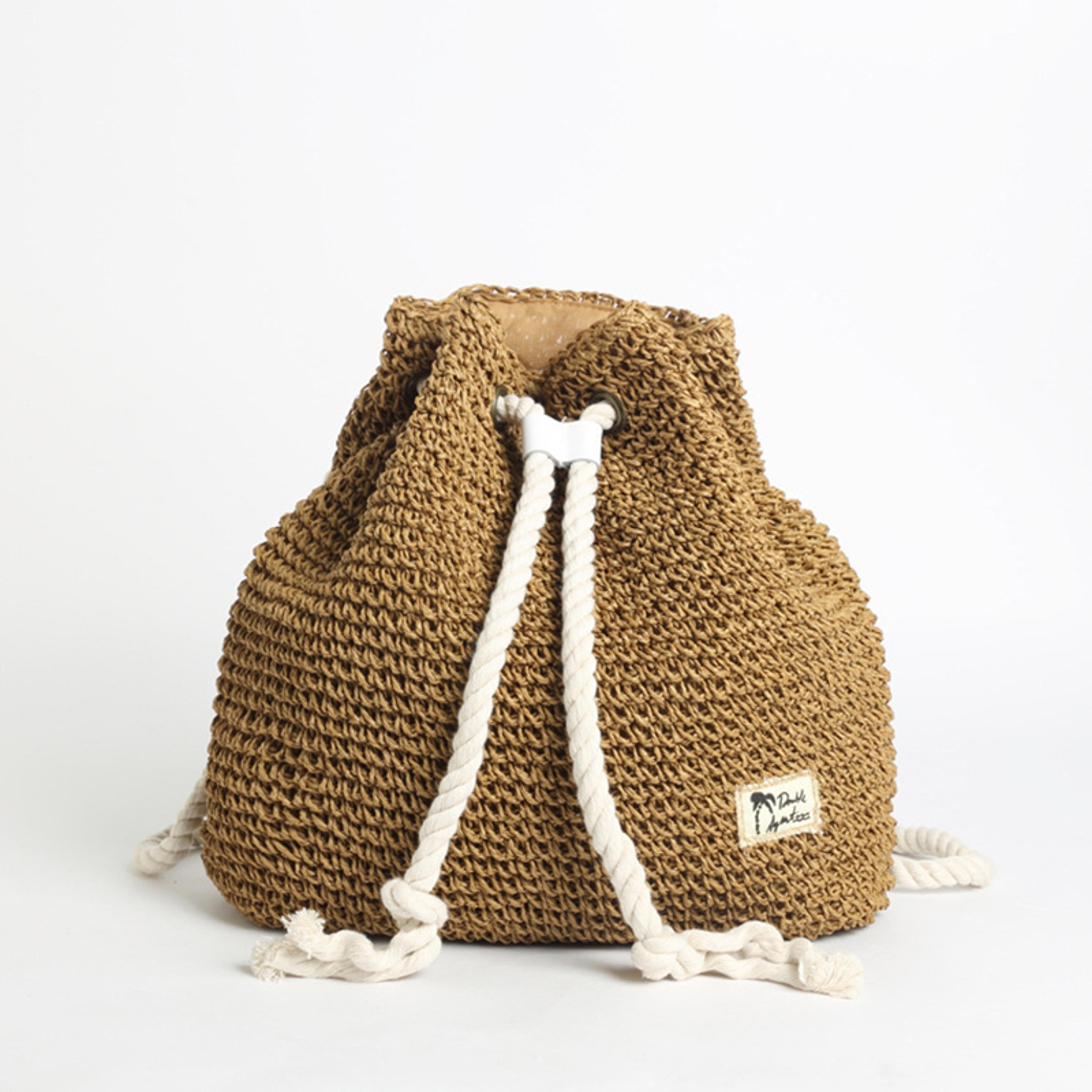 handmade straw backpack bohemian drawstring summer beach bag