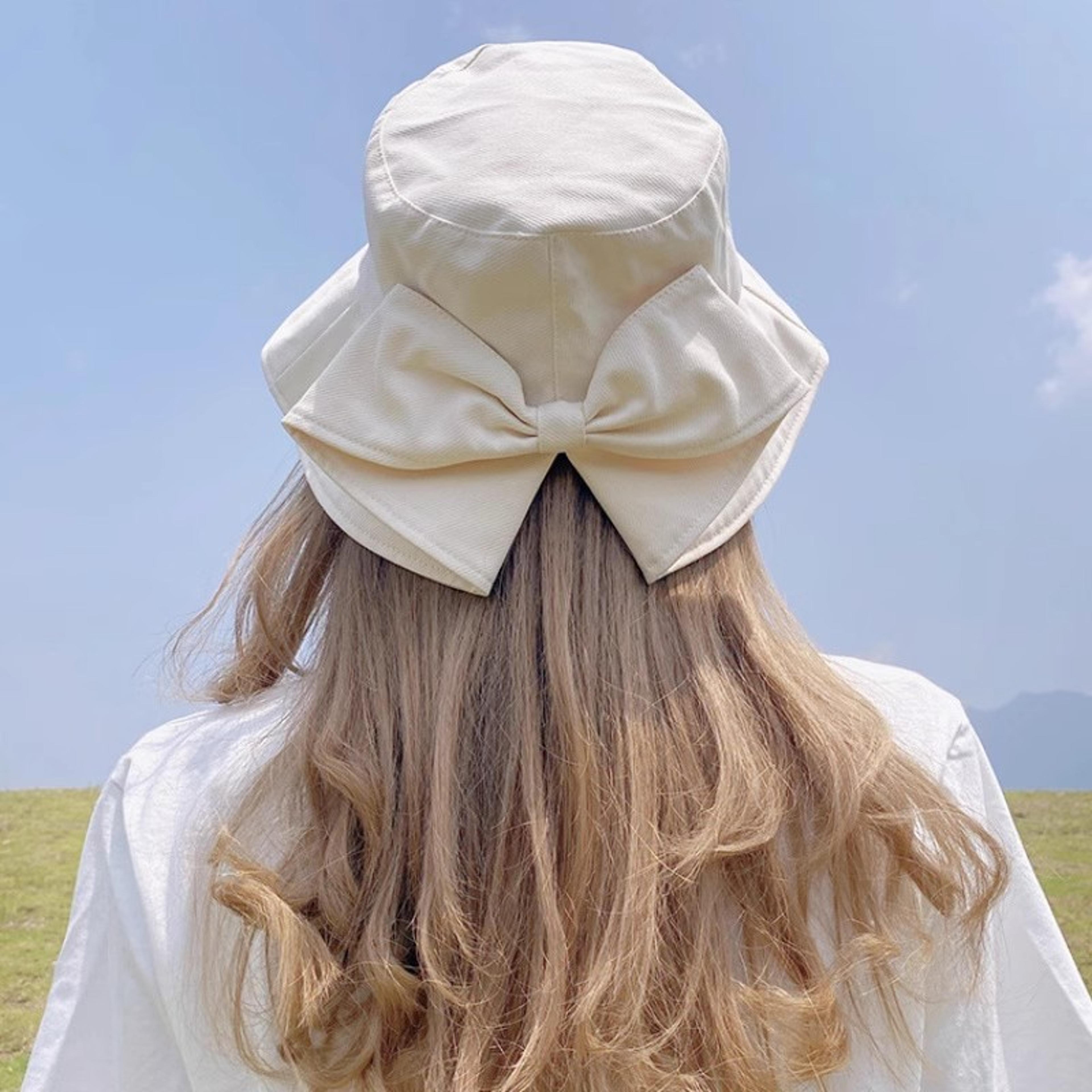 chic wide brim japanese bucket hat with elegant bow
