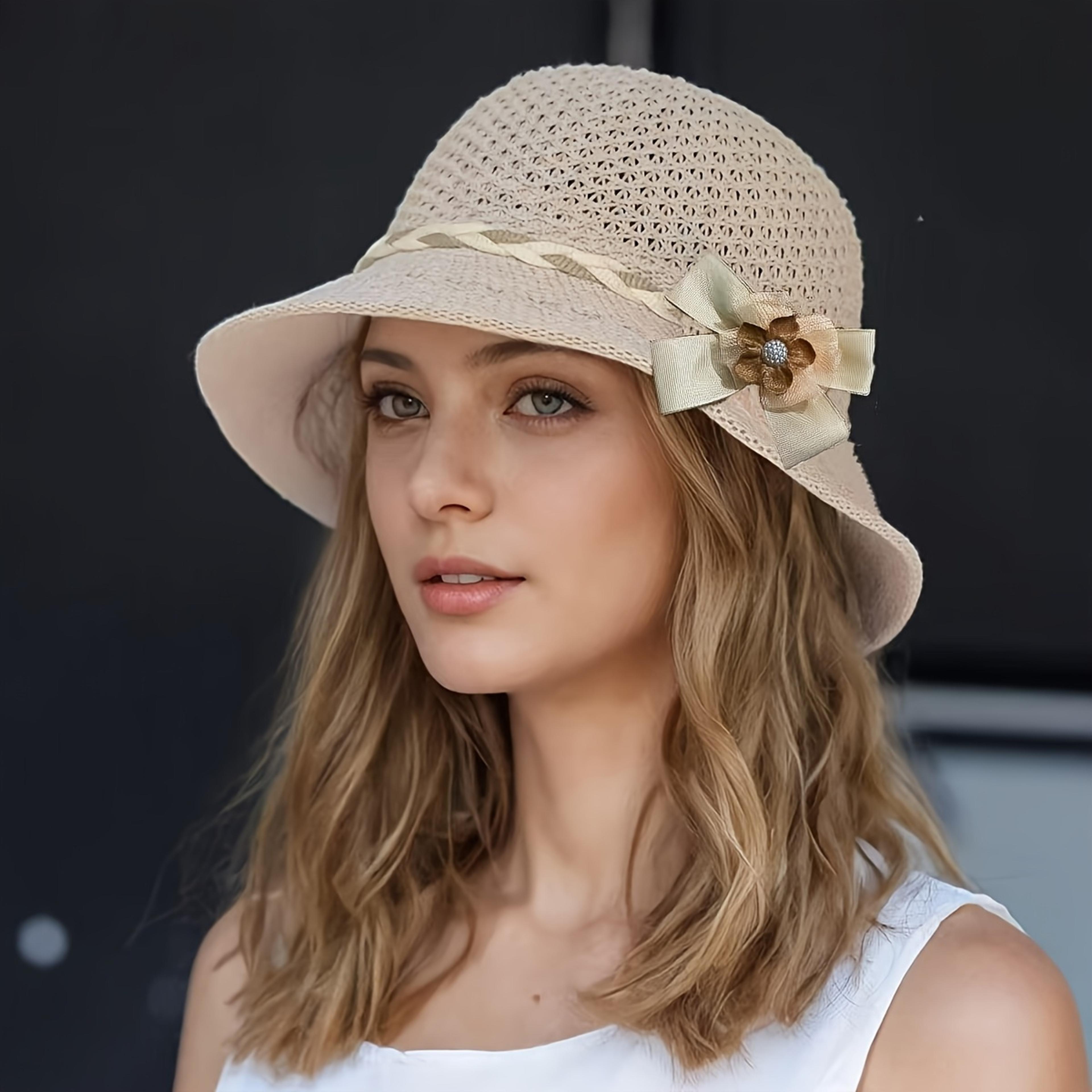 elegant floral women's straw bucket hat - breathable sun hat for outdoor travel & beach vacation