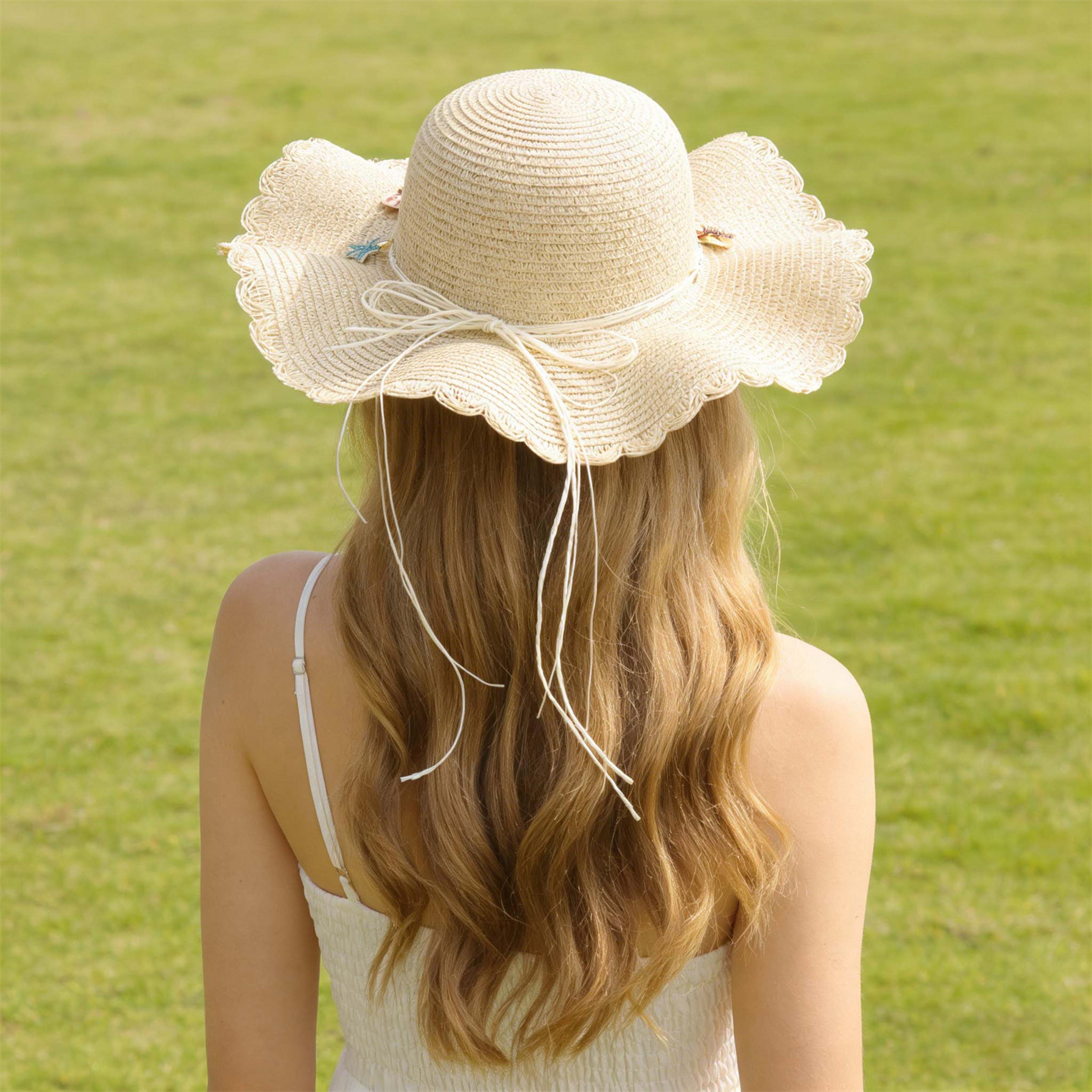 elegant women's wide brim straw beach hat packable summer sun protection bow cap