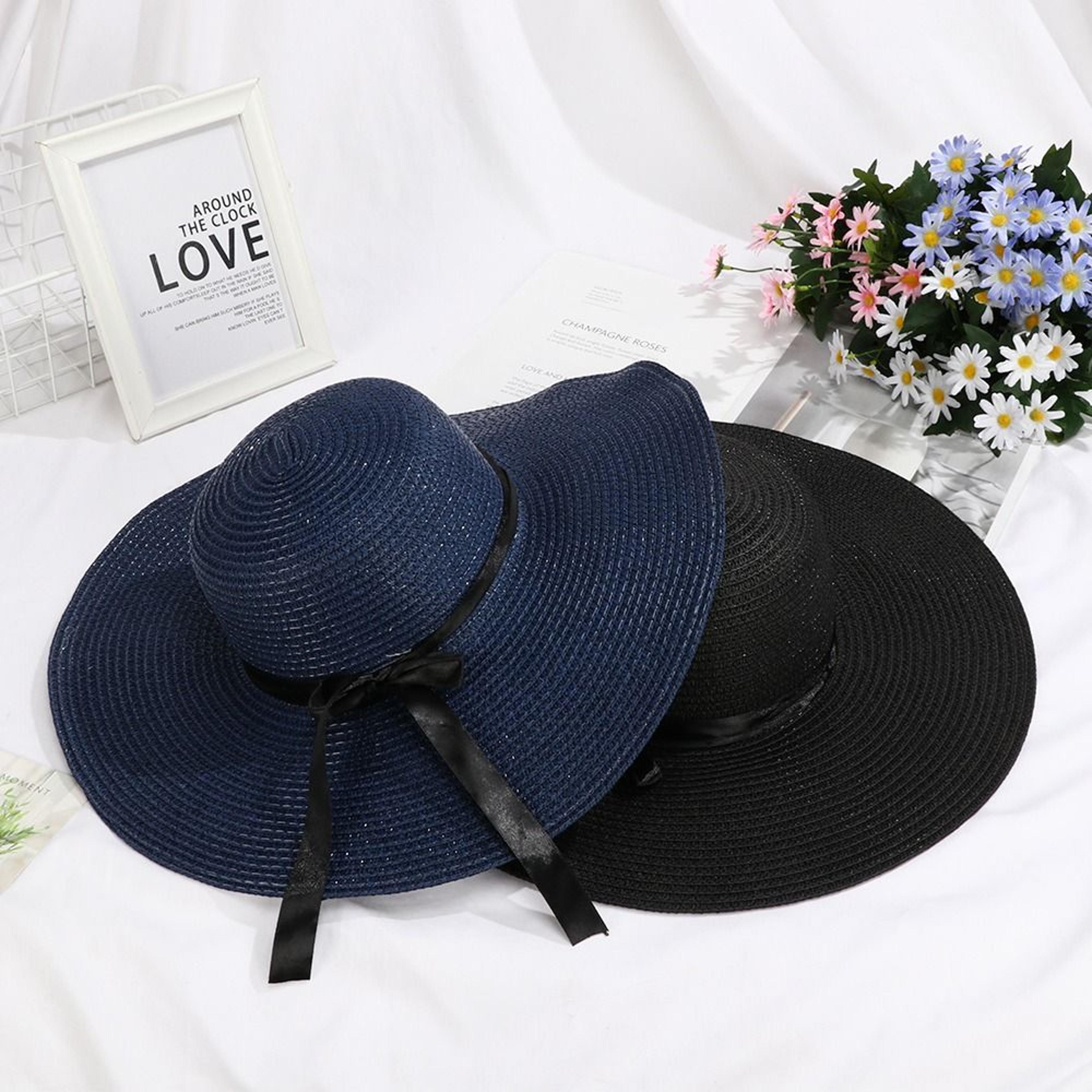 women foldable summer beach straw sun hat with bow wide brim floppy visor cap