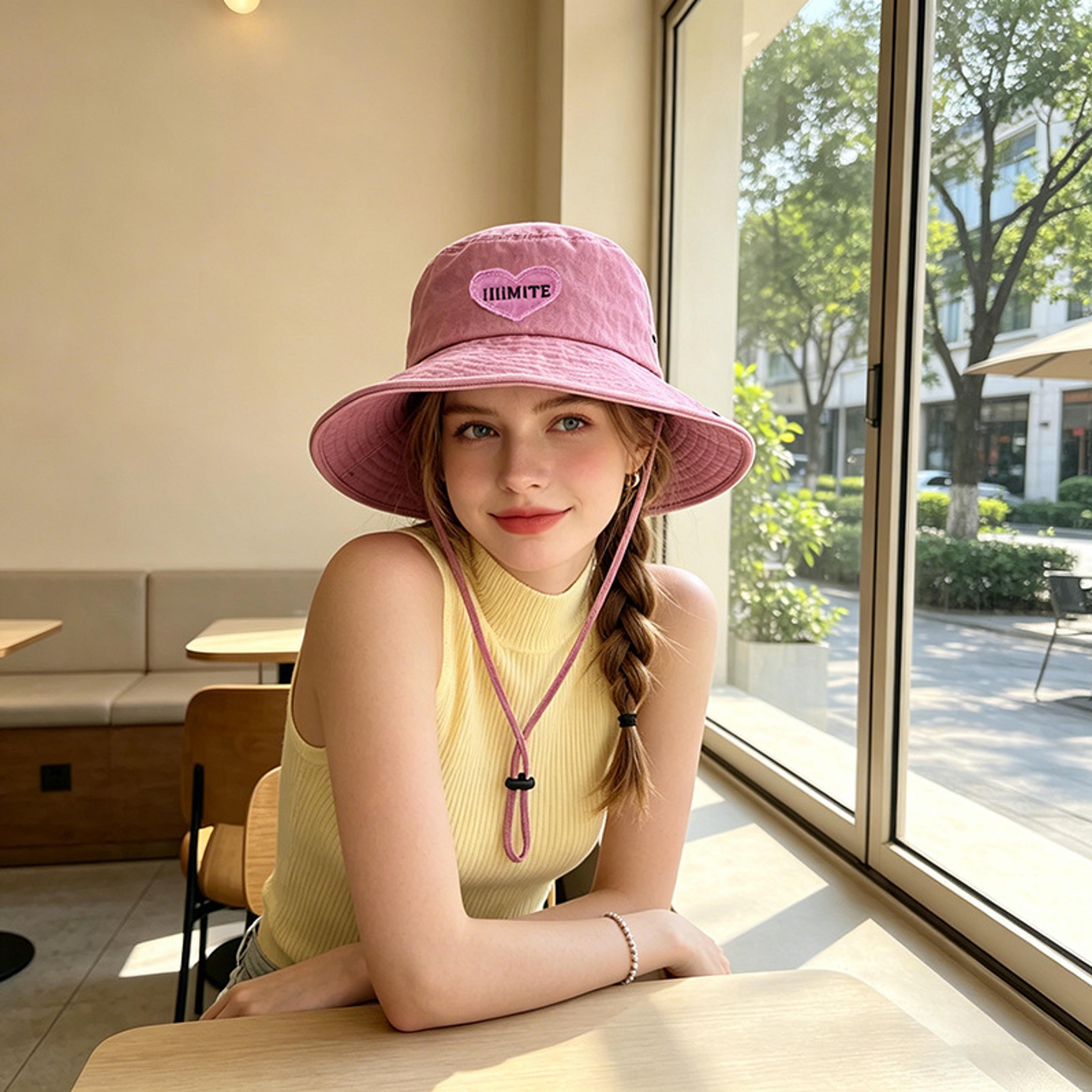 japanese retro washed bucket cap sweet pink love sun hat