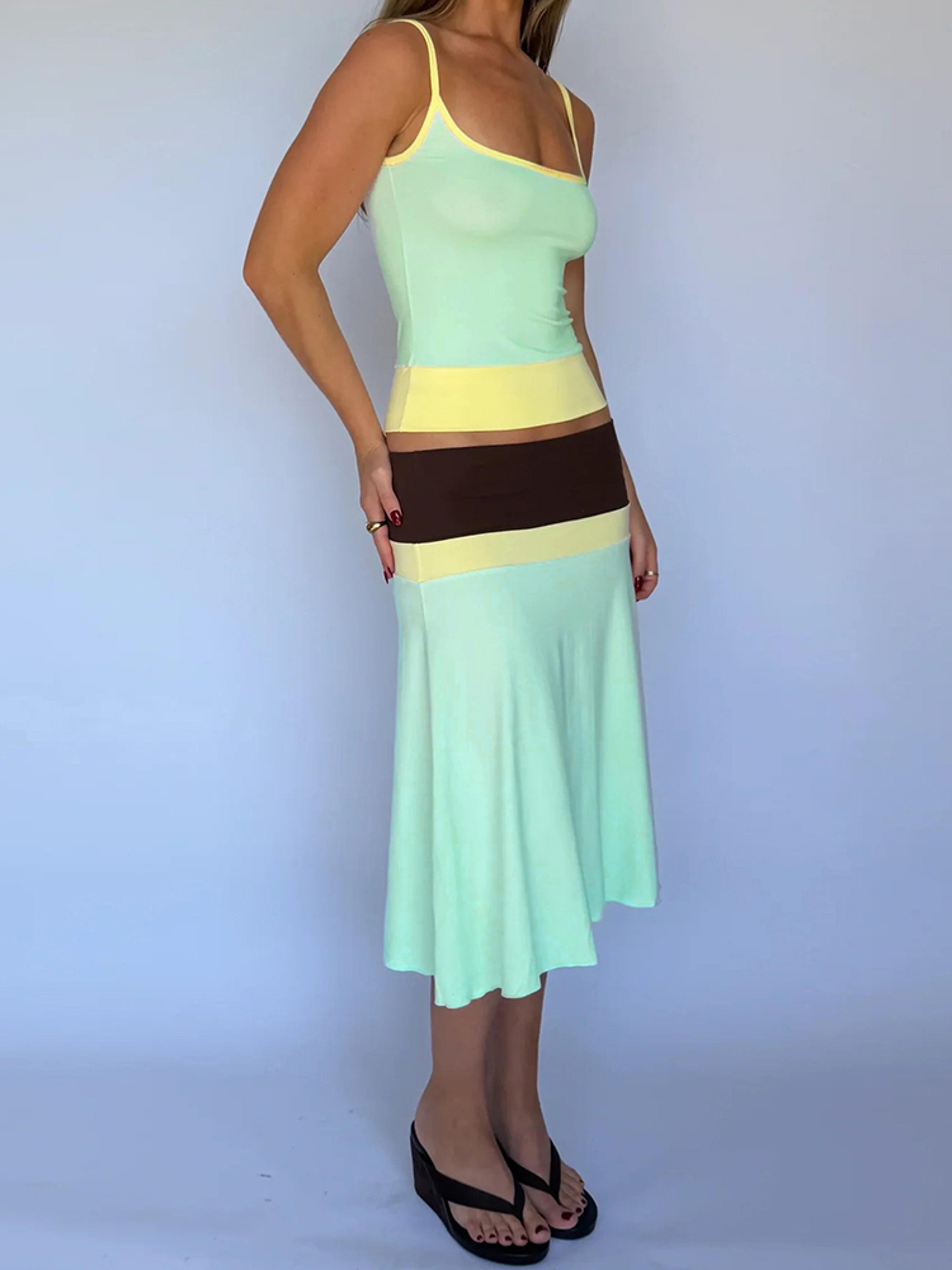 sisterlinda style patchwork two piece skirt set low neck backless crop top and ruched mid skirt matching outfit
