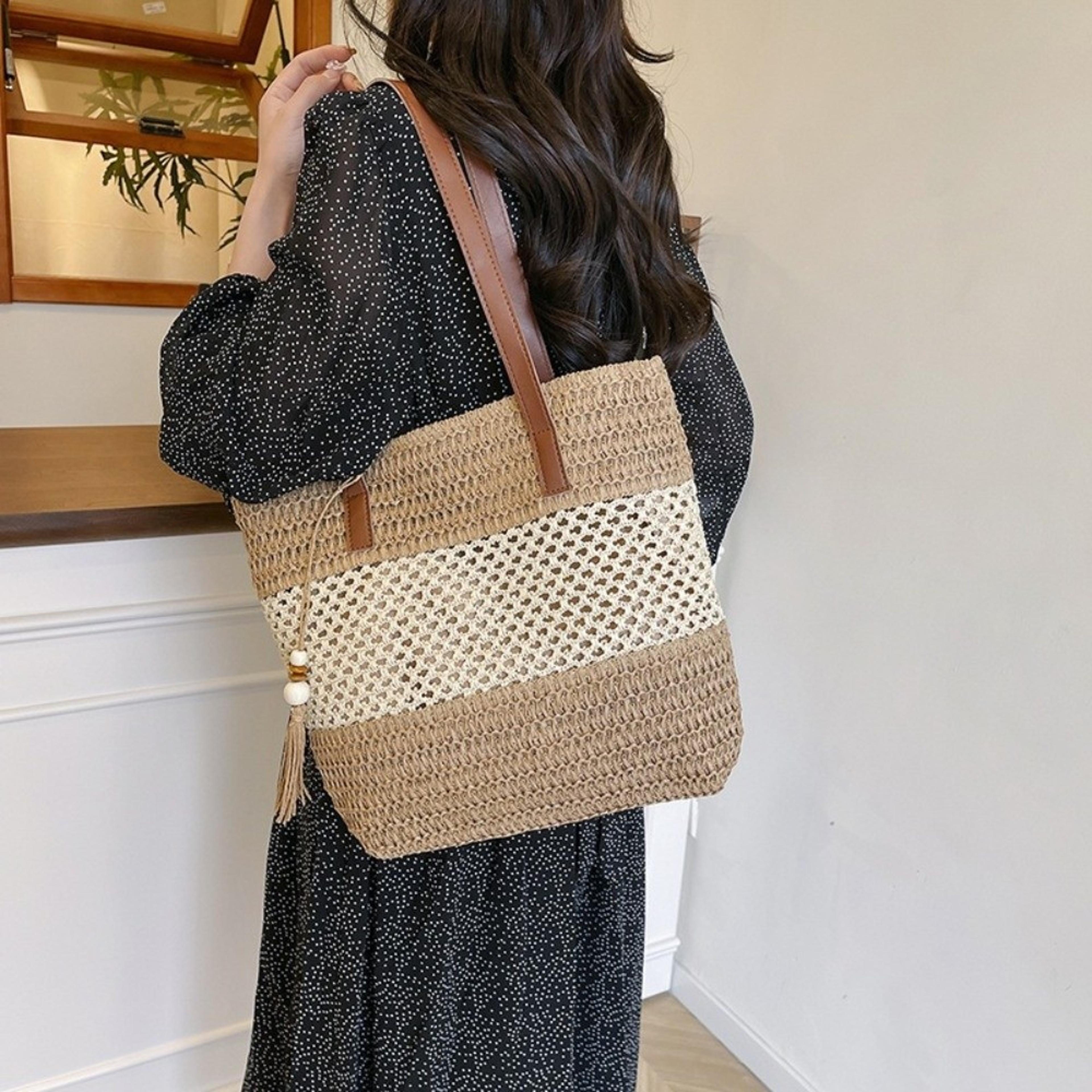 summer escape large straw woven beach bag with leather handles