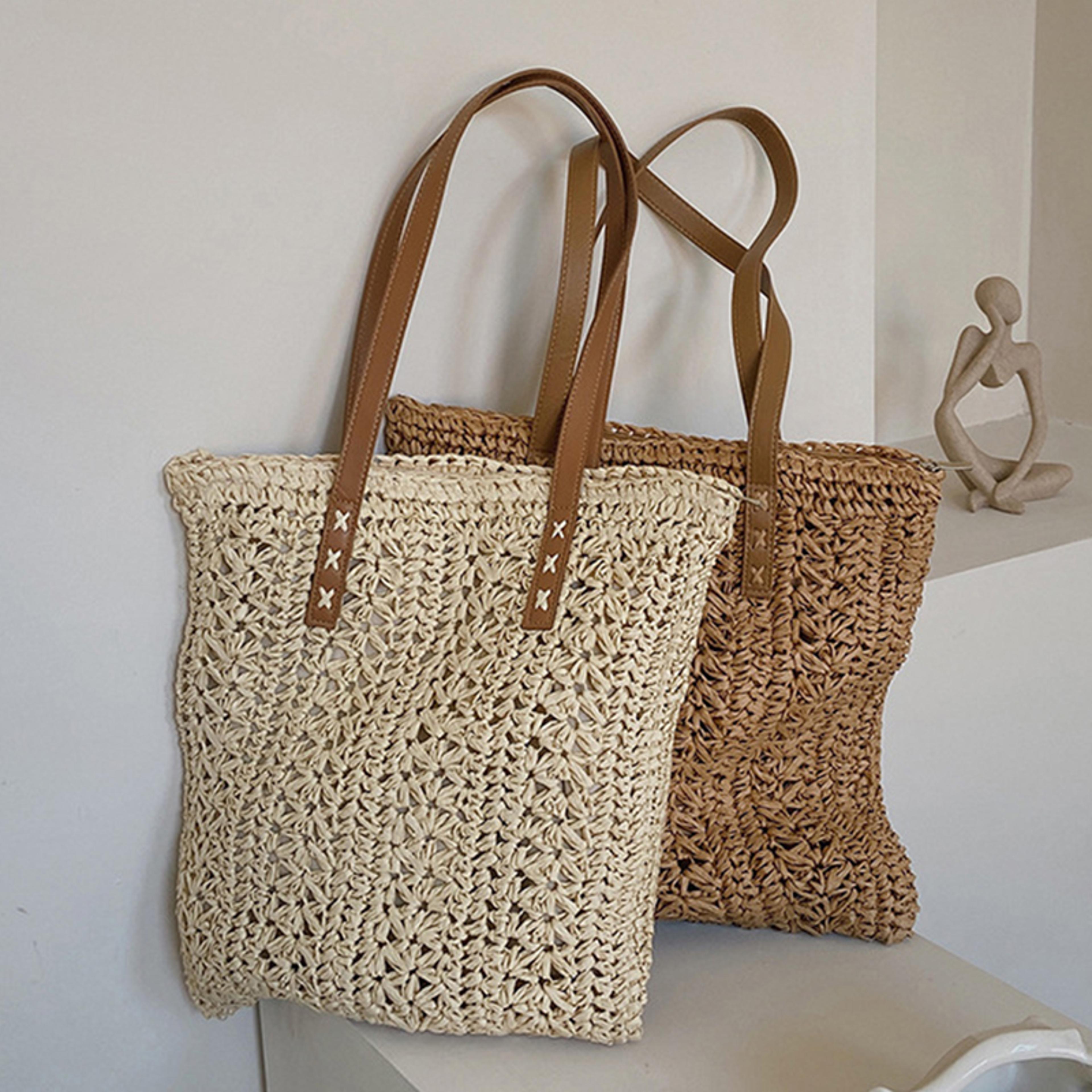 boho square woven straw beach bag