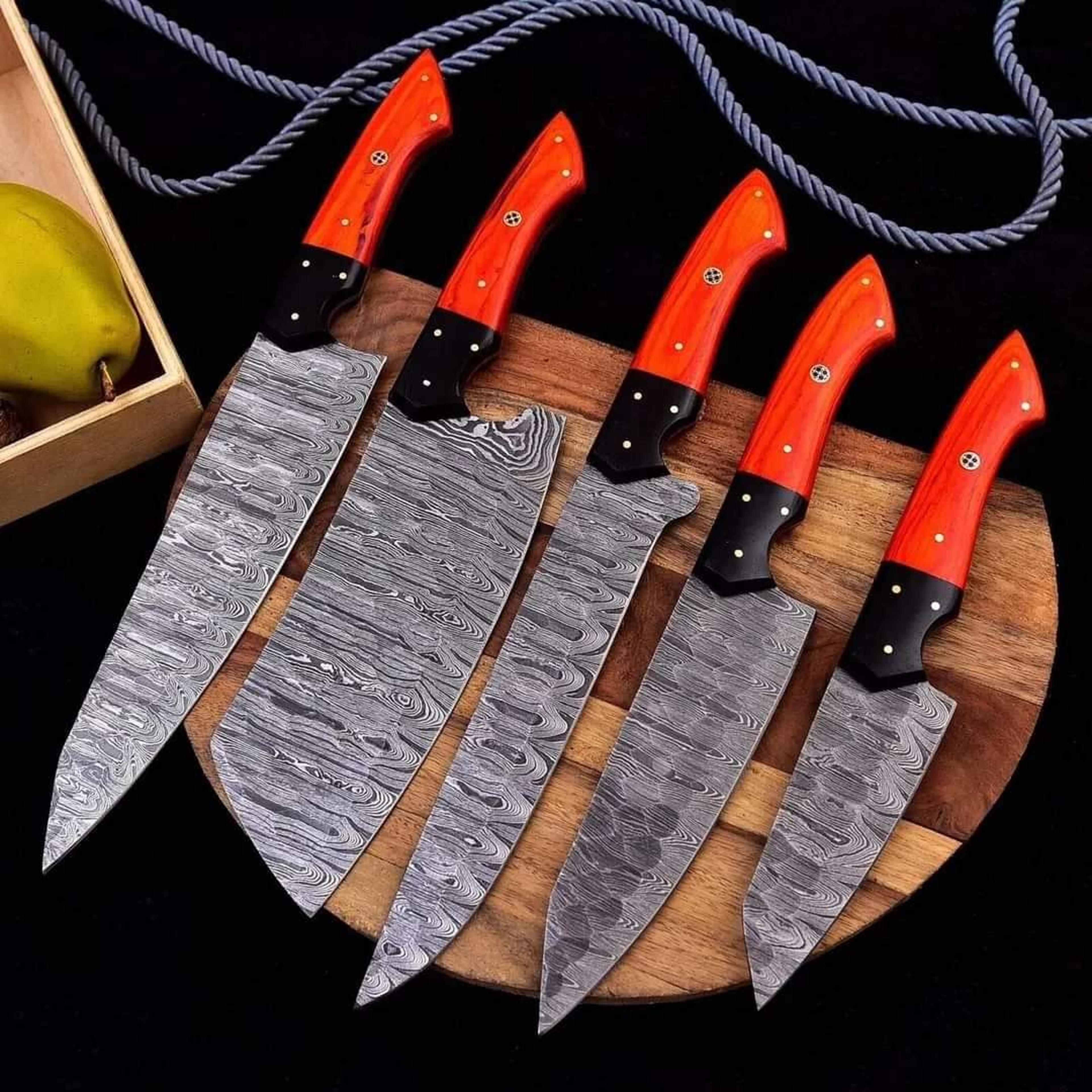 damascus chef set of 5 pieces ,custom handmade chef set , handmade damascus chef set ,personalized gift for mother ,