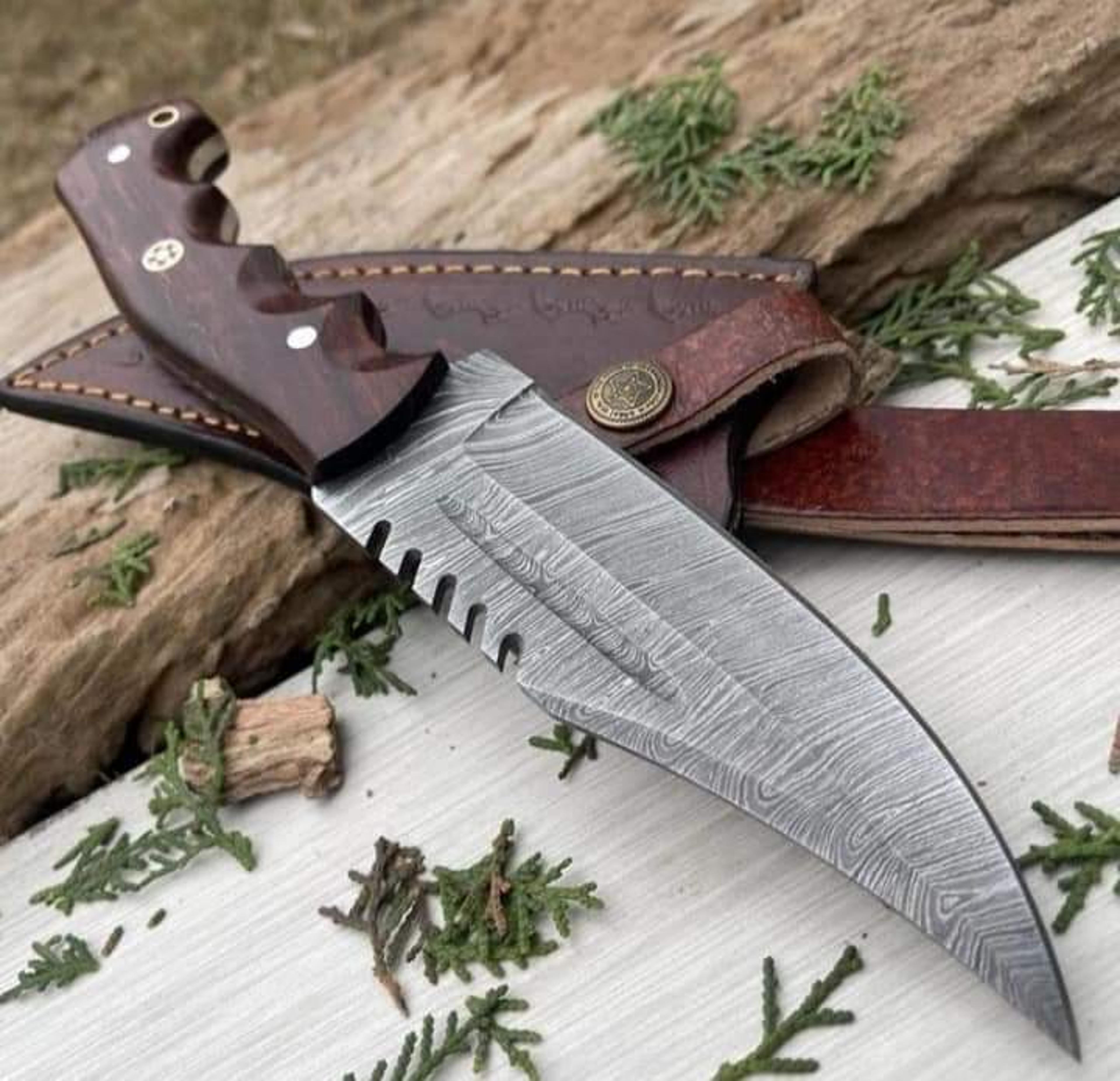 handmade damascus steel hunting knife – 10" fixed blade | skinner, survival & camping knife with leather sheath