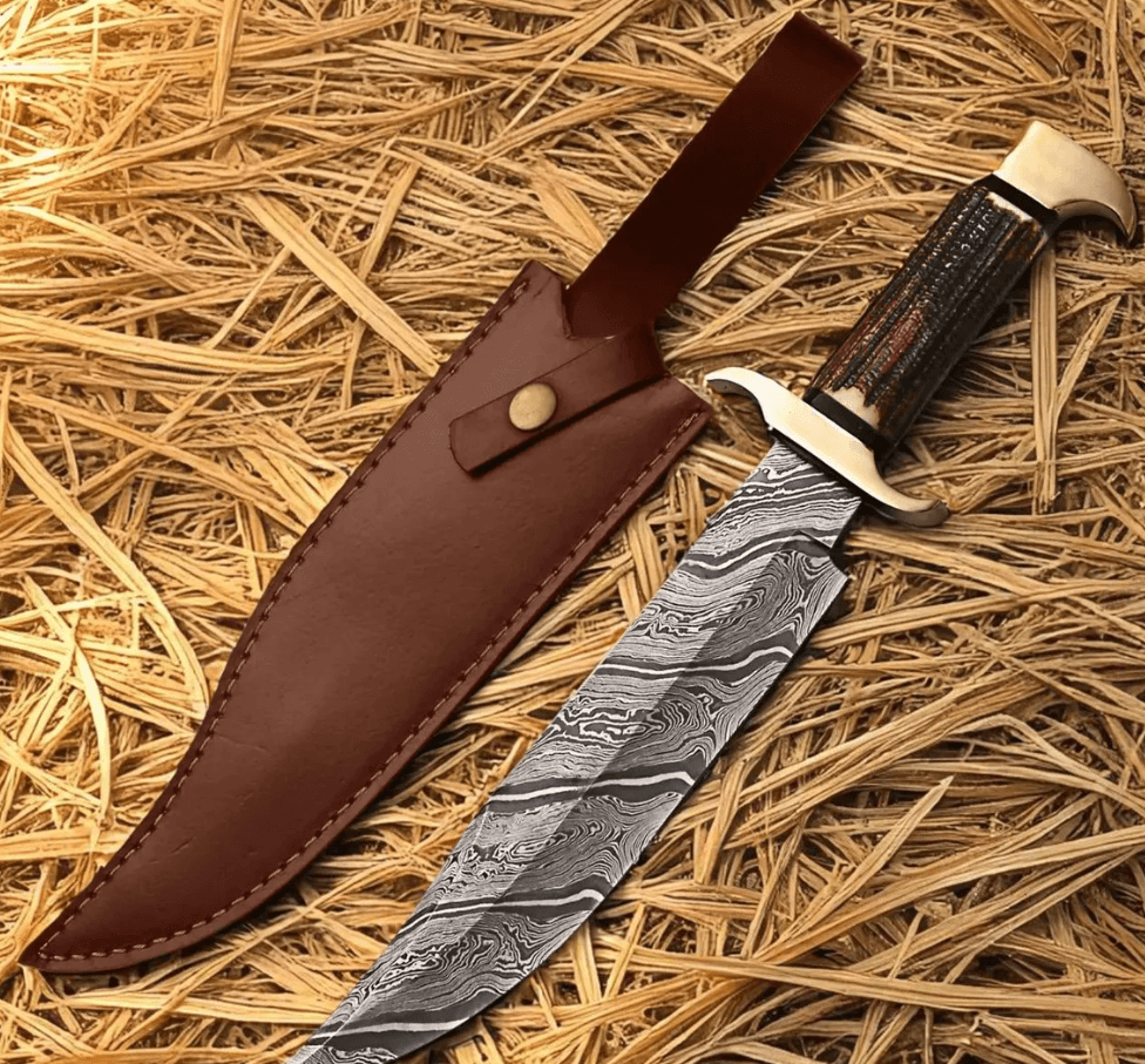 handmade snake damascus steel bowie knife | deer horn handle | custom full tang hunting & survival knife