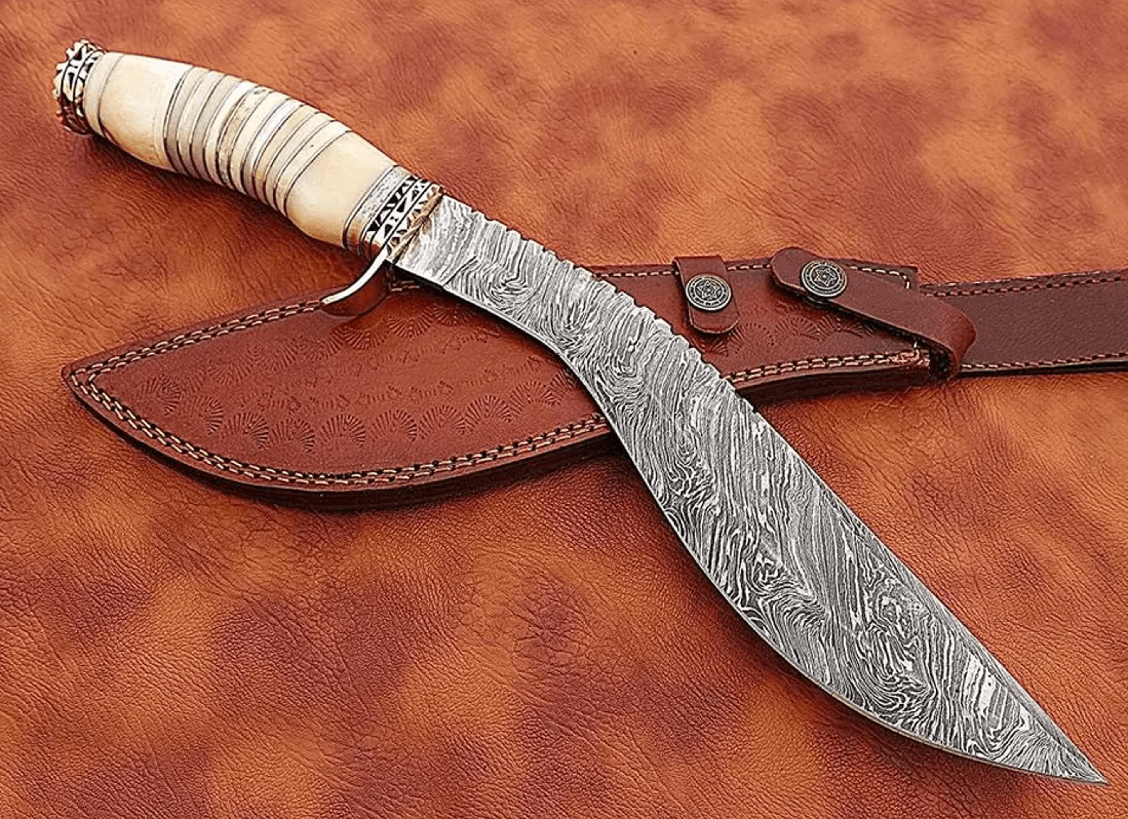 damascus kukri bowie knife | order vintage hunting blade | shop camel bone handle knife | leather sheath outdoor knife