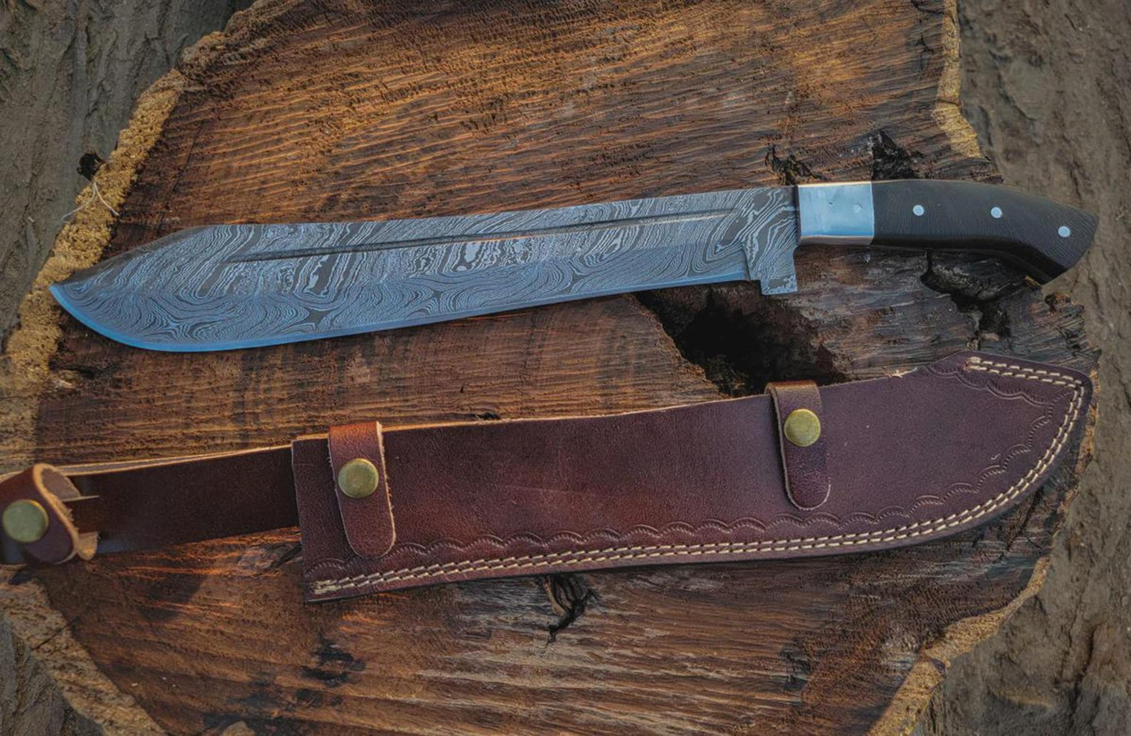custom damascus steel machete wood handle fixed blade with leather sheath