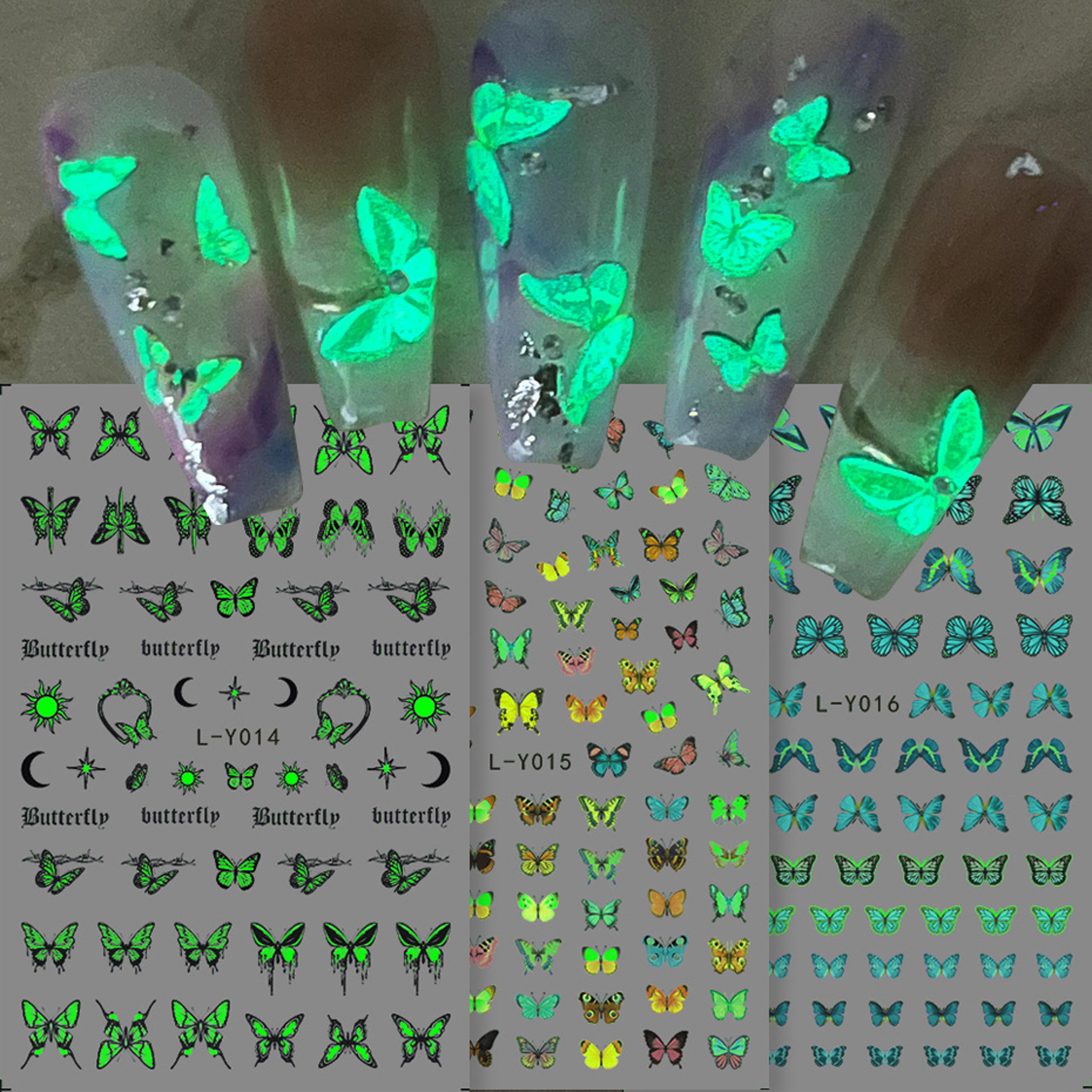 colorful blue butterfly nail stickers, luminous glow in the dark nail decals night polish sliders for butterfly manicure