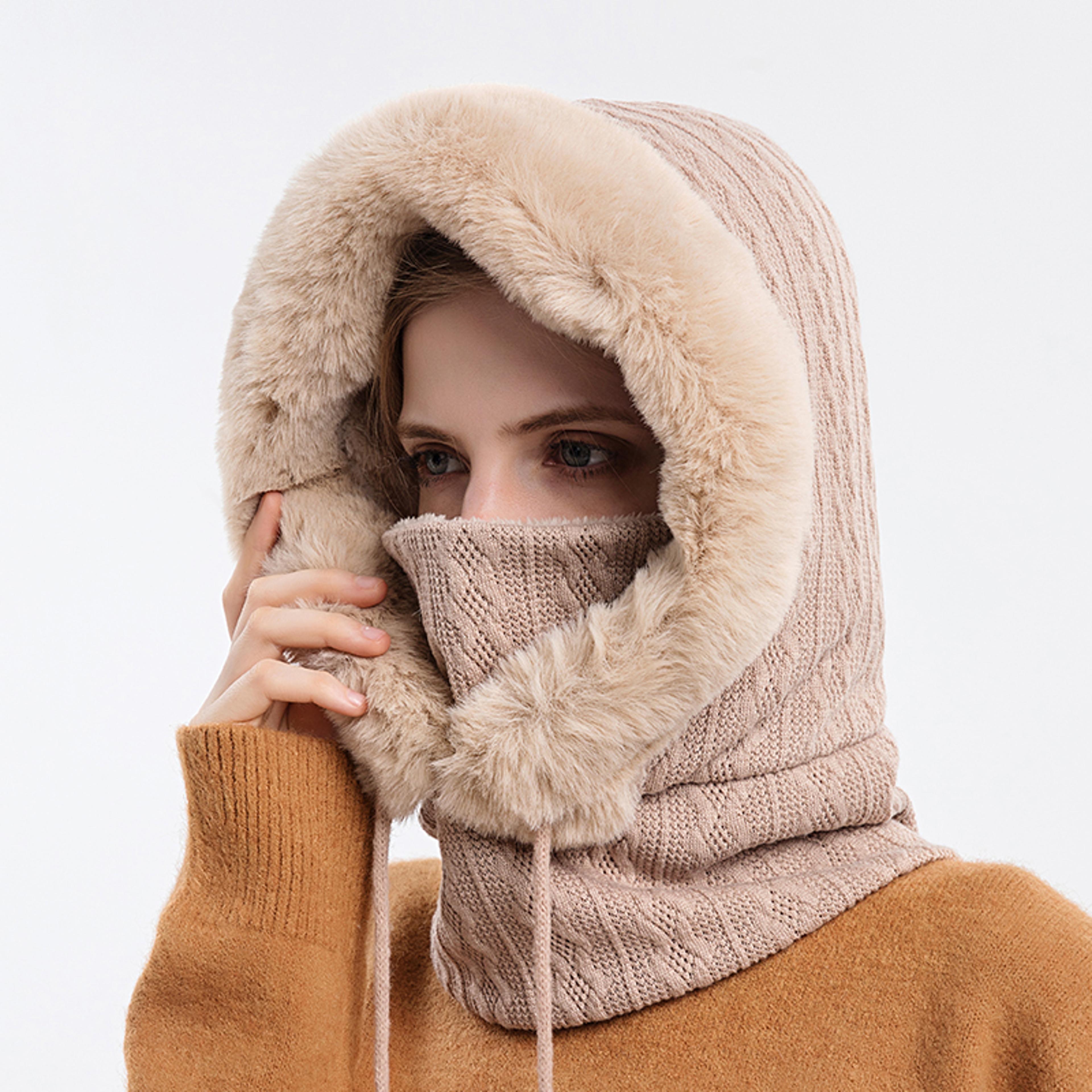 knitted cashmere neck warm balaclava ski windproof hat, winter fur cap mask set hooded for women, thick plush fluffy