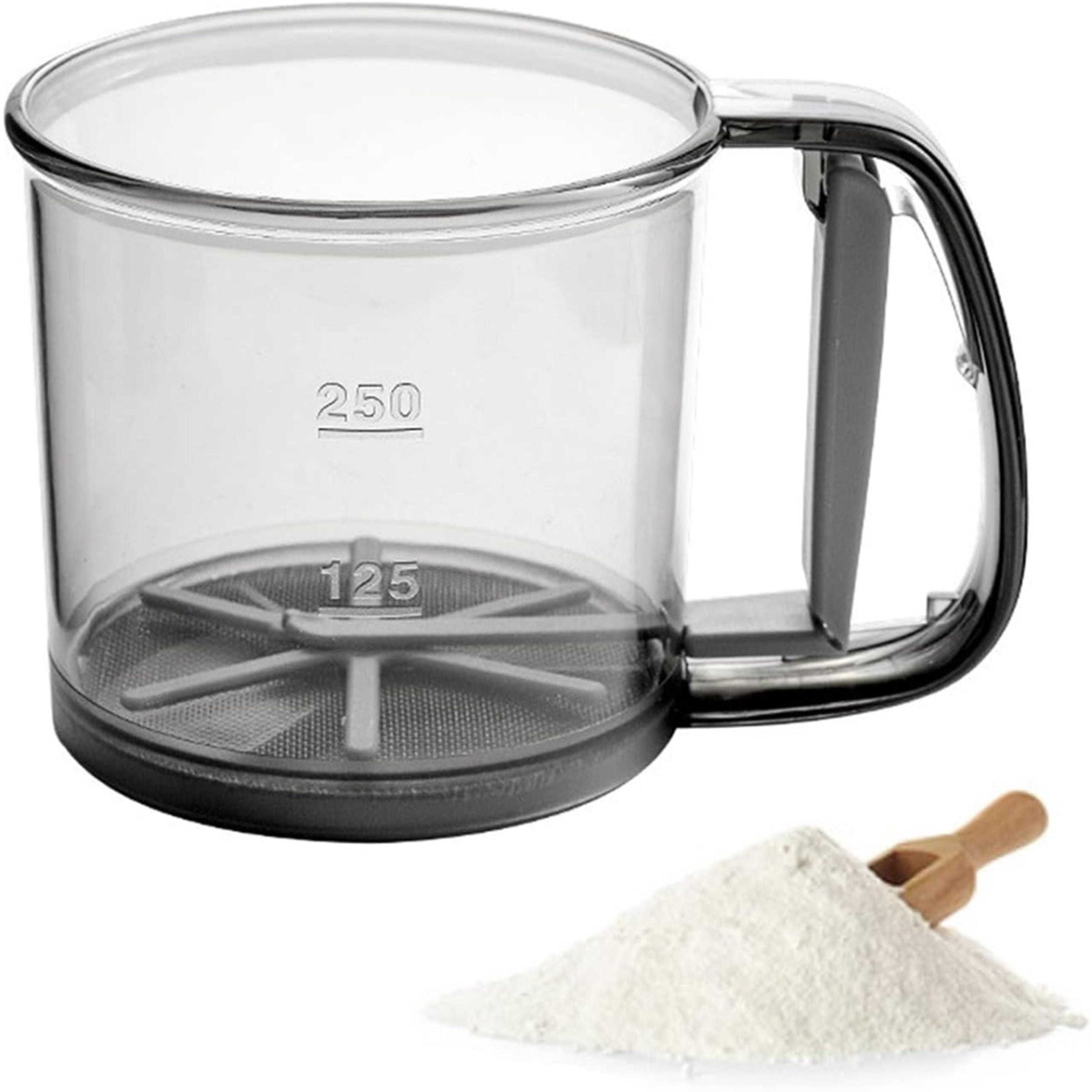 plastic sifter with tray, fine mesh flour sifter, one hand press baking tool, powdered sugar kitchen cake filter
