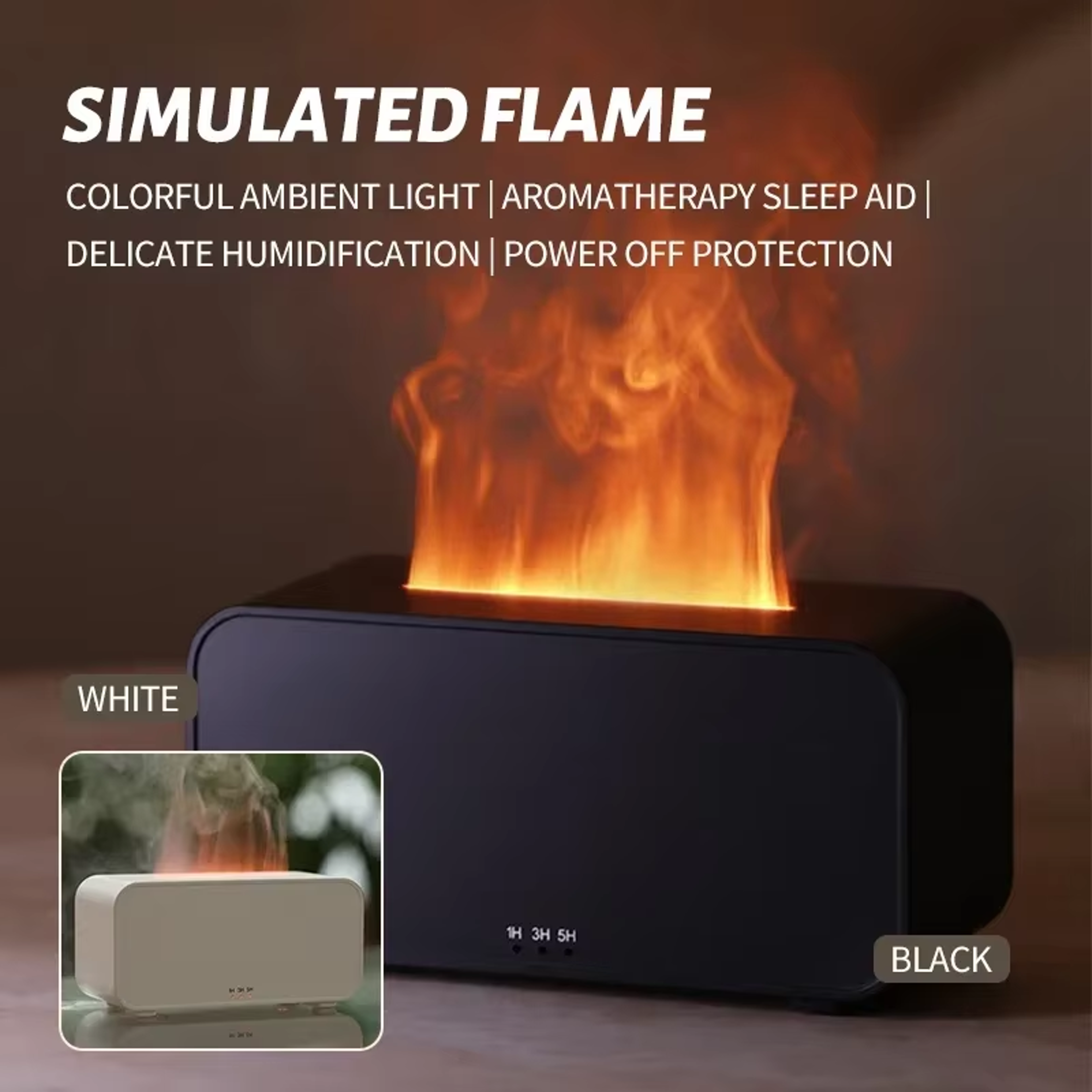mini flame humidifier, colourful atmosphere light, timed function, no water, power protection, home bedroom office