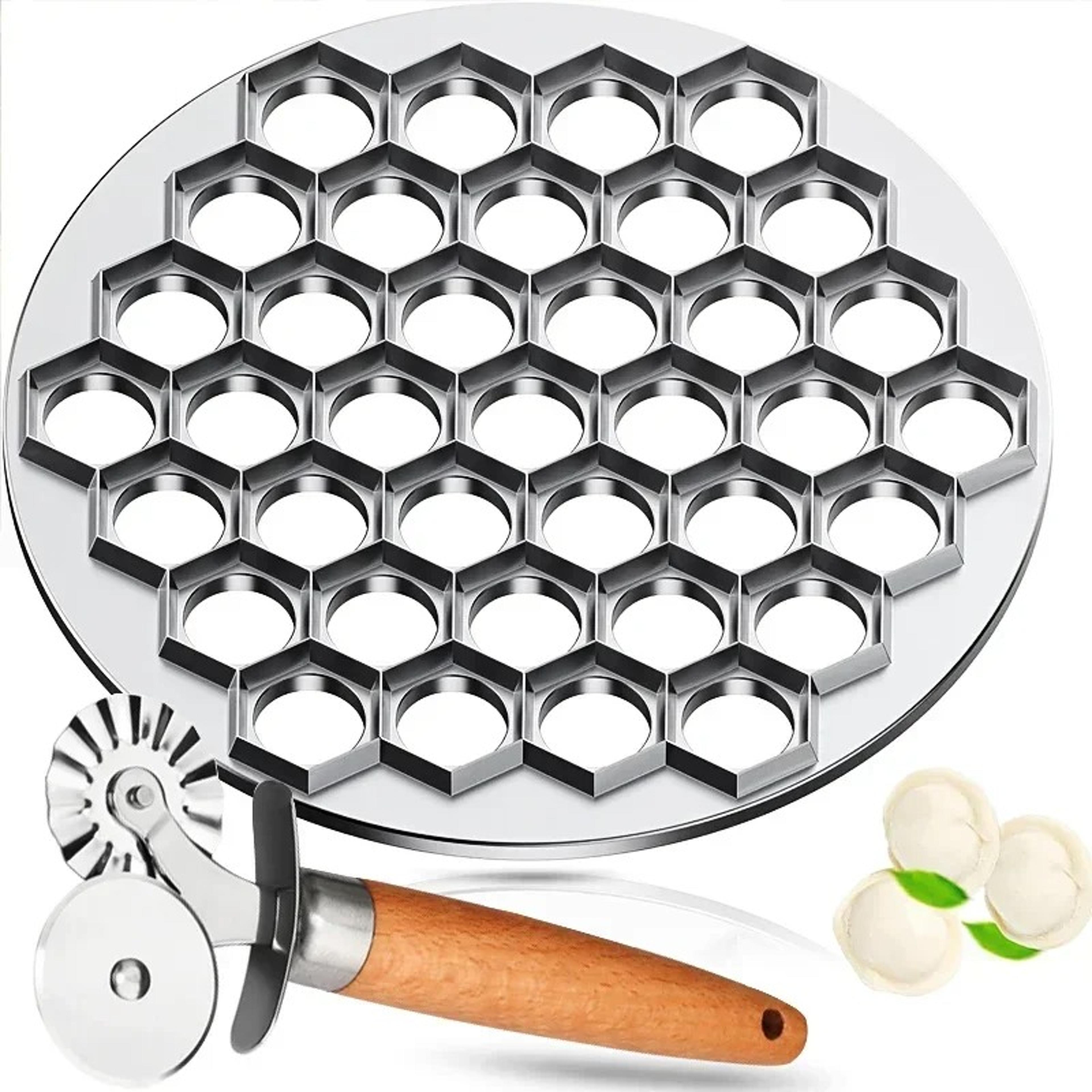 metal dumpling maker, pastry press with wooden handle, double wheel pasta cutter, ravioli dumplings kitchen tool