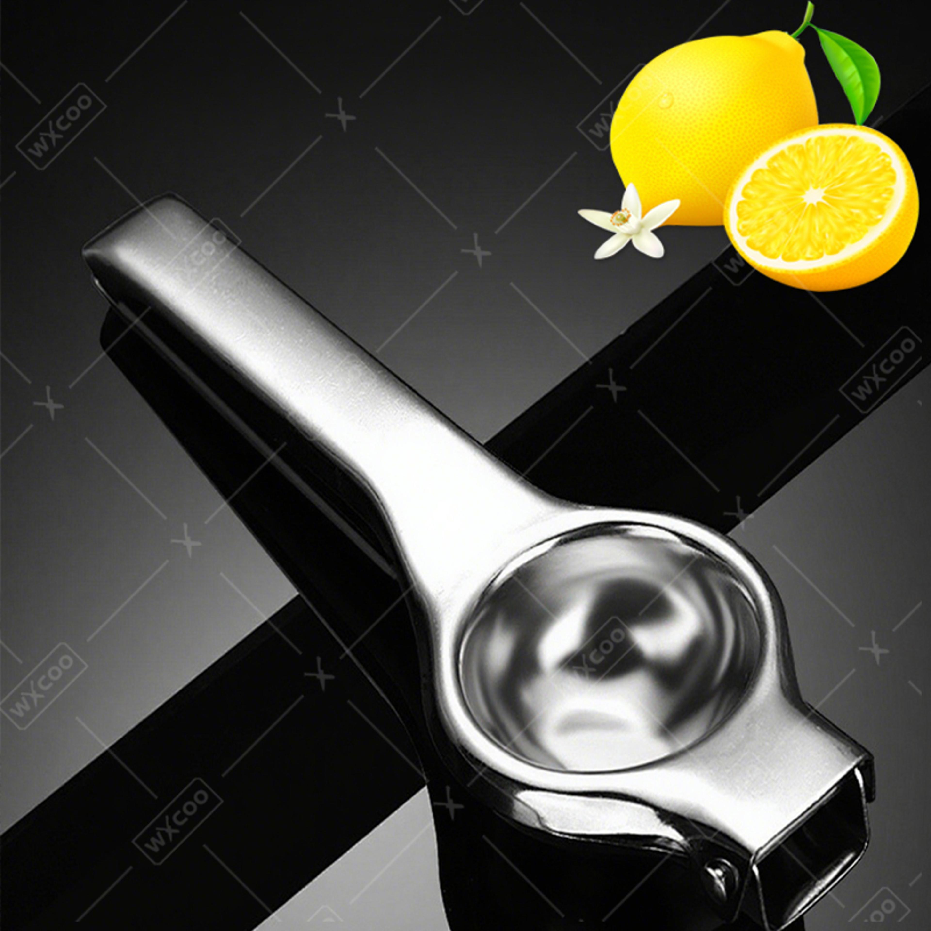 stainless steel lemon squeezer, handheld citrus juicer, lemon lime orange press, manual fruit juicer, heavy-duty lemon