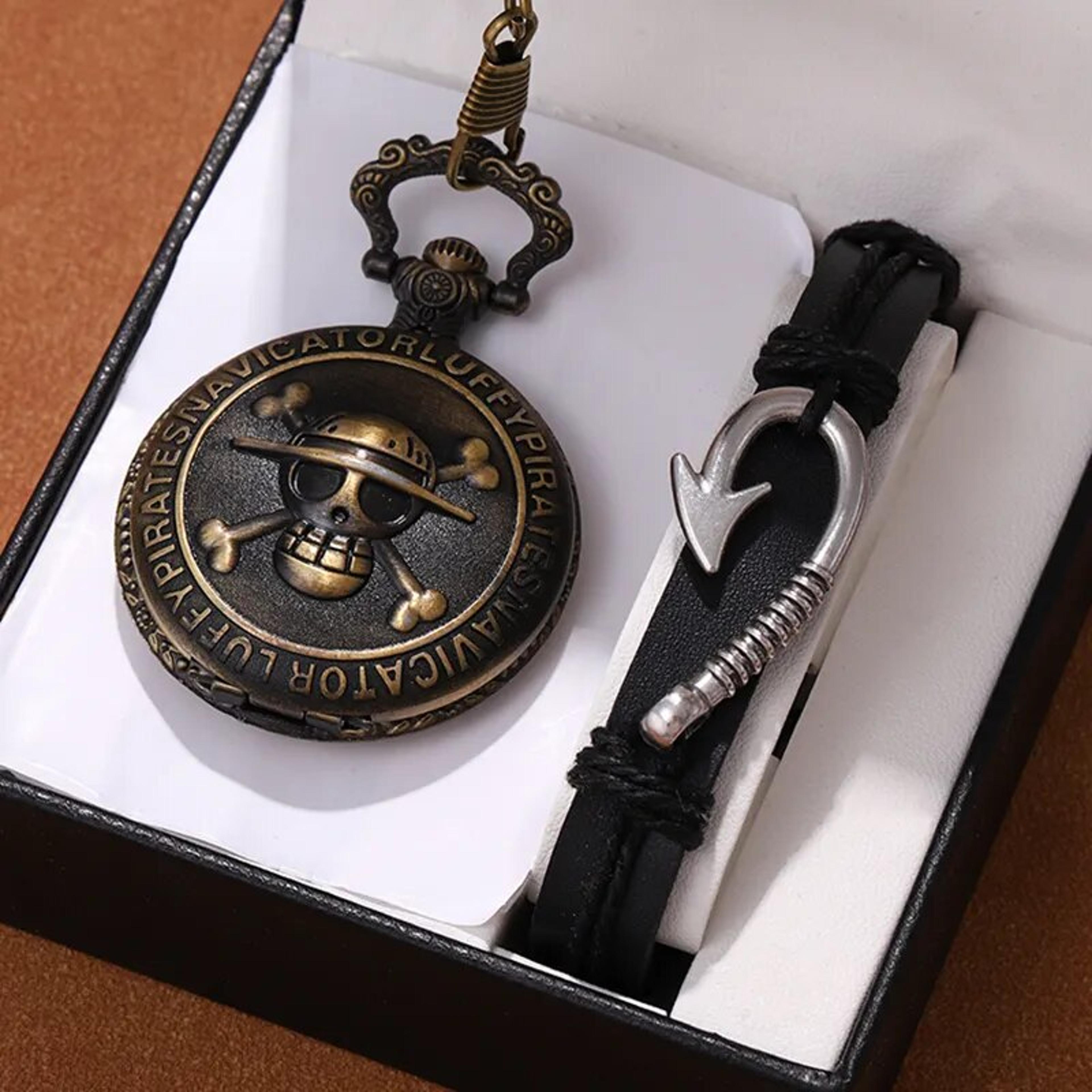 pirate captain quartz pocket watch, double knife necklace, pendant bracelet gift for men, vintage clock