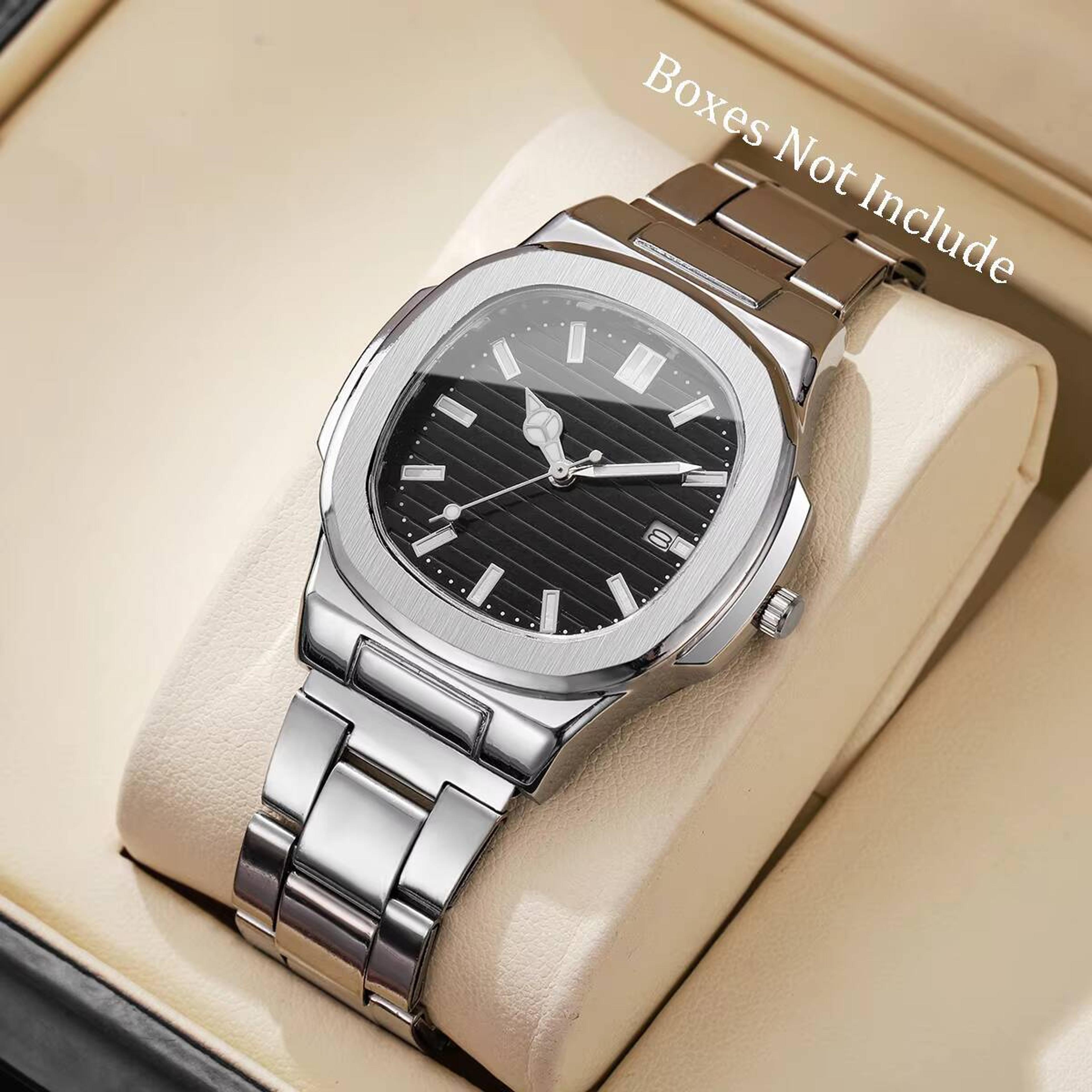 luxury men watches, business quartz watch, square dial, stainless steel strap, calendar mens clock without box