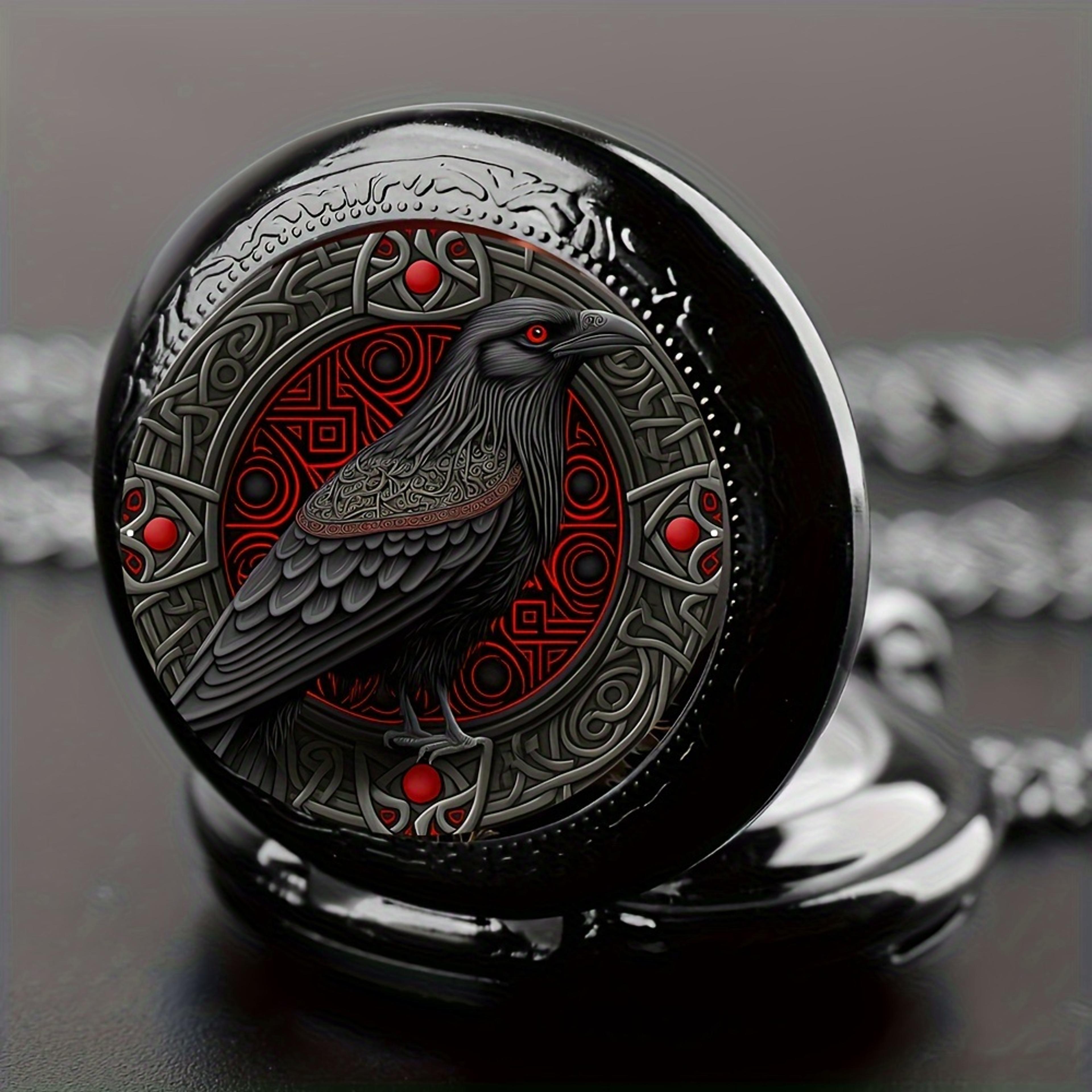 design black raven pocket watch, quartz movement, alloy case, necklace band, non-waterproof watch, men women kids