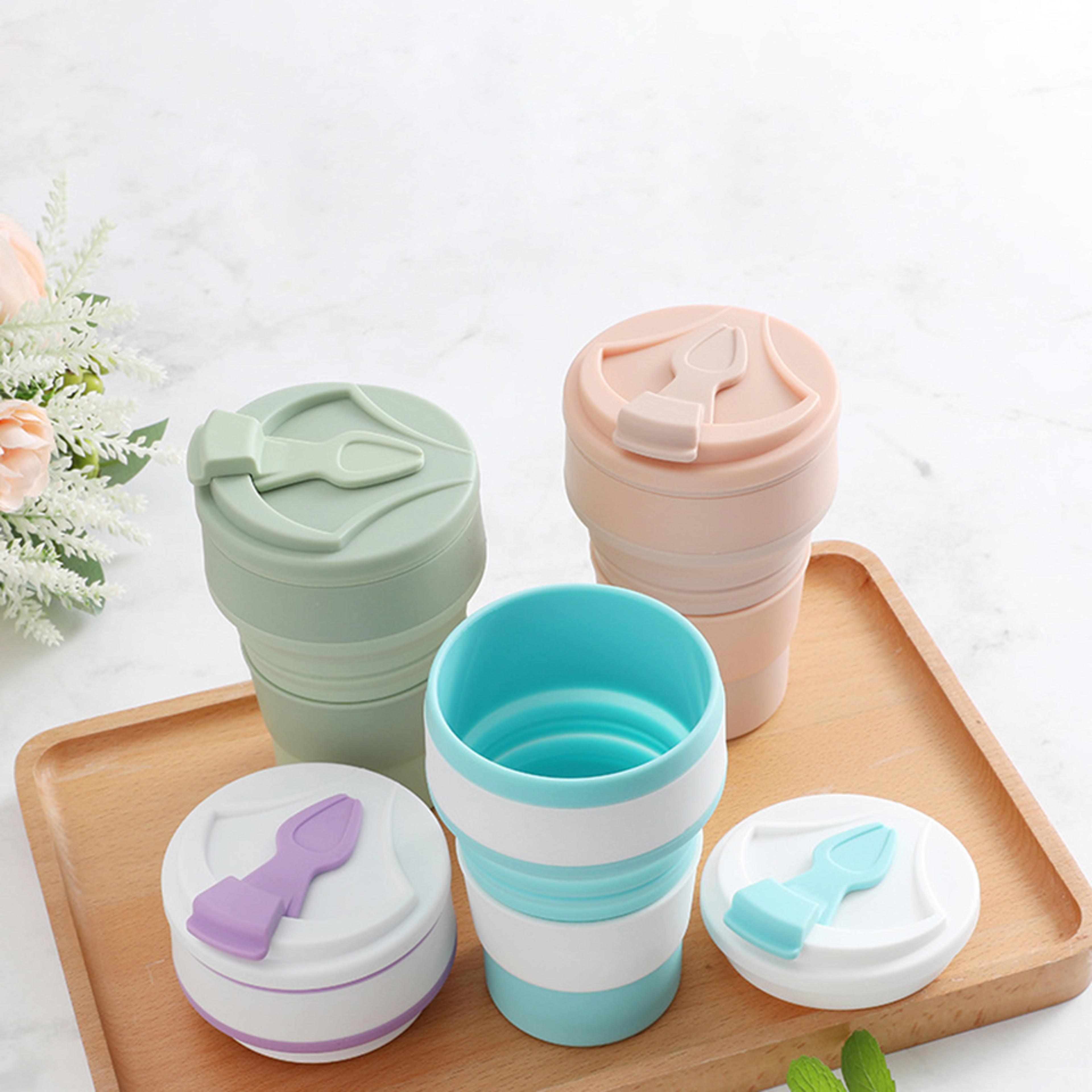 food grade silicone folding cup with lid, reusable portable coffee cup for travel and camping