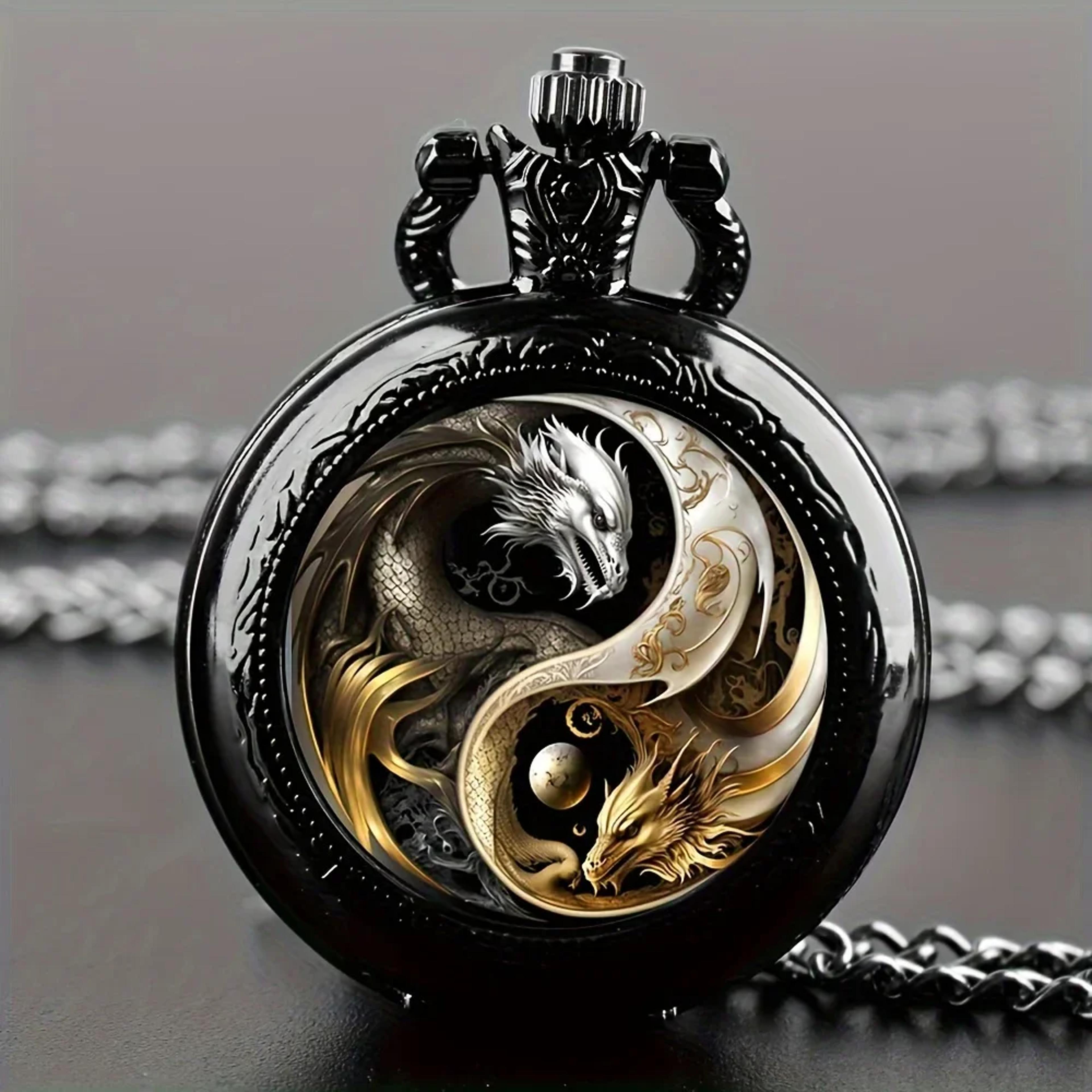 retro golden silvery double dragon quartz pocket watch, stylish design