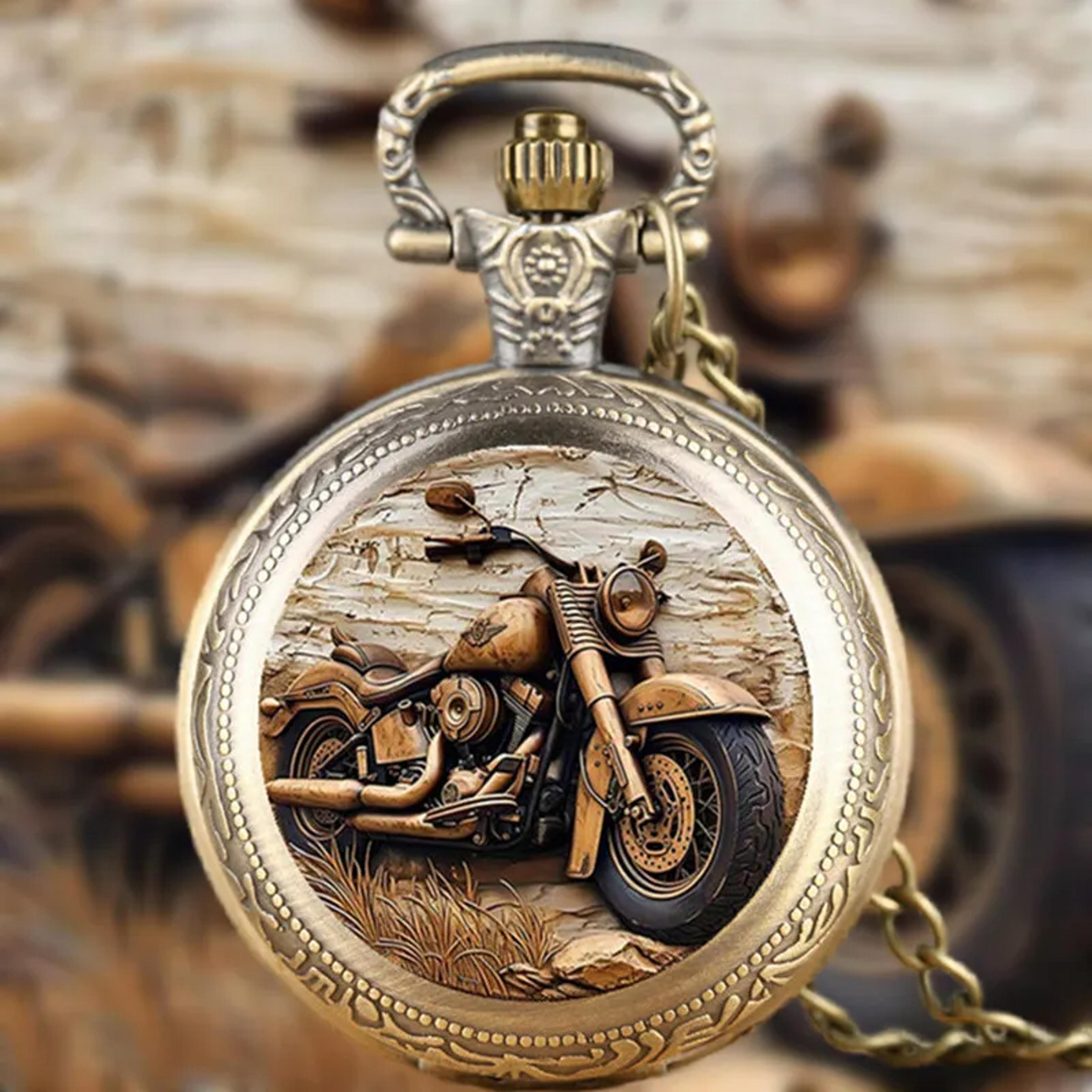 exquisite vintage motorbike pocket watch, retro bronze creative clock, cowboy necklace chain
