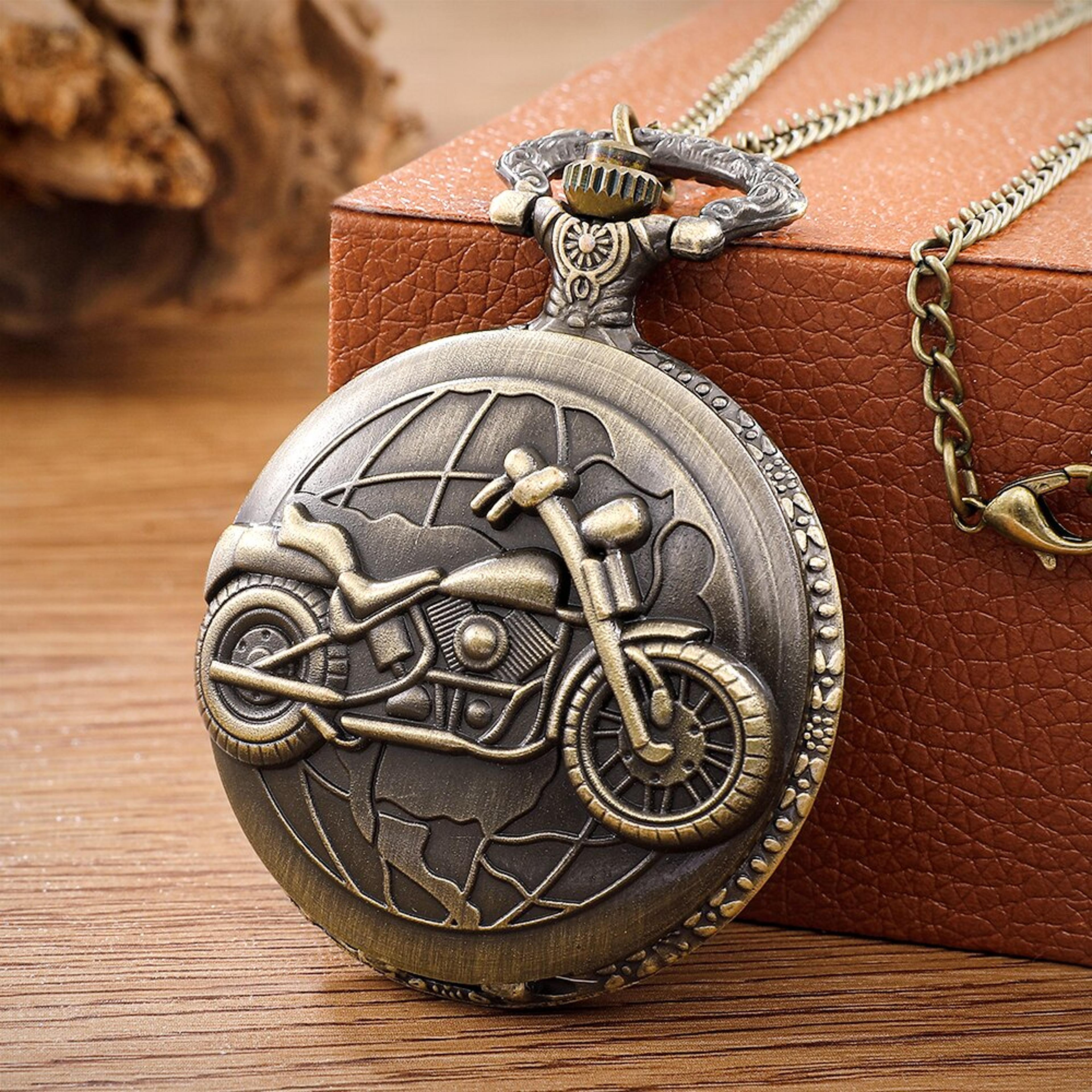 motorcycle quartz pocket watch, motorbike design pendant, fob watch chain for men