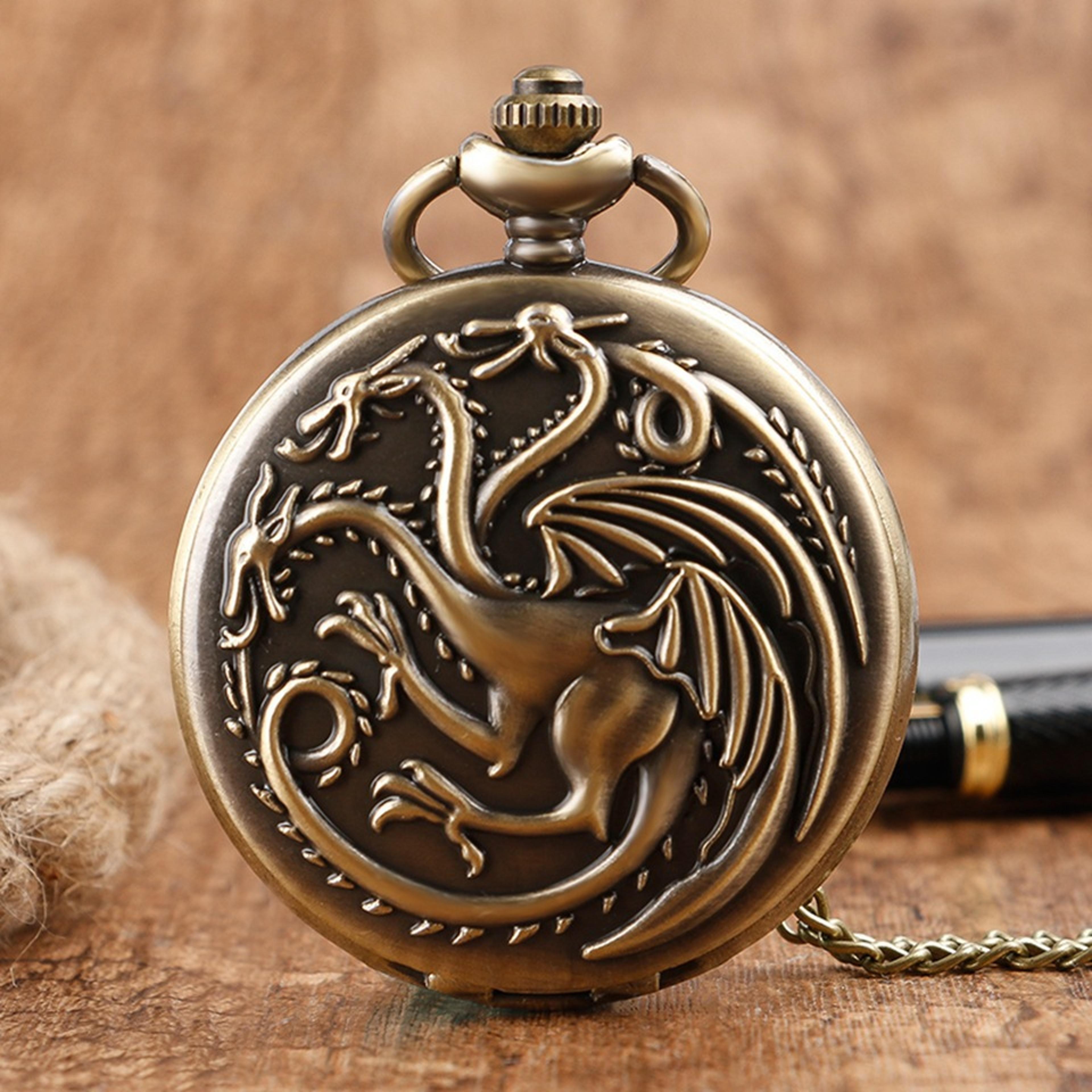 three headed dragon quartz pocket watch, vintage bronze fire monster necklace, antique watch