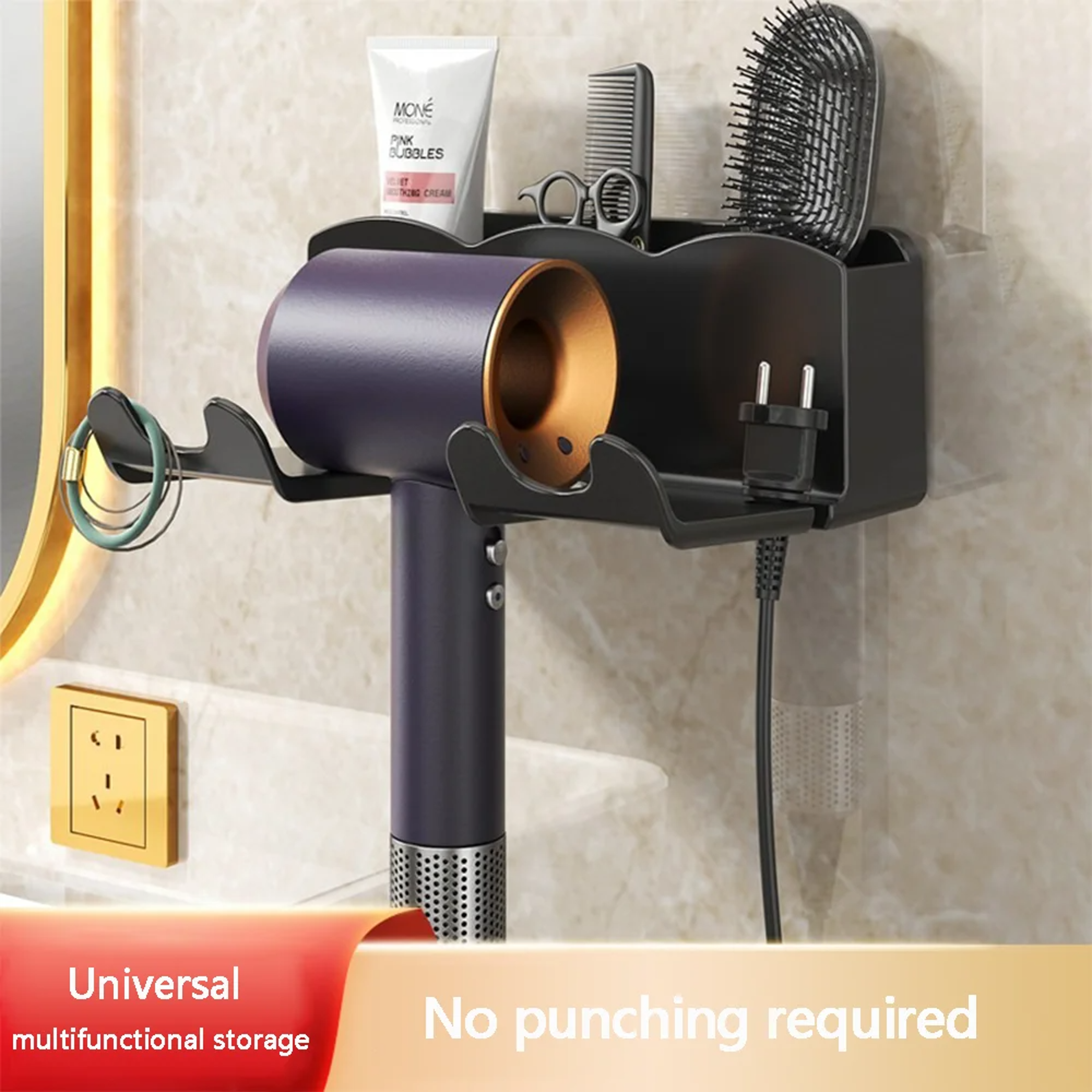 hair dryer storage rack, wall mounted bracket for bathroom, non perforated air duct hanging rack