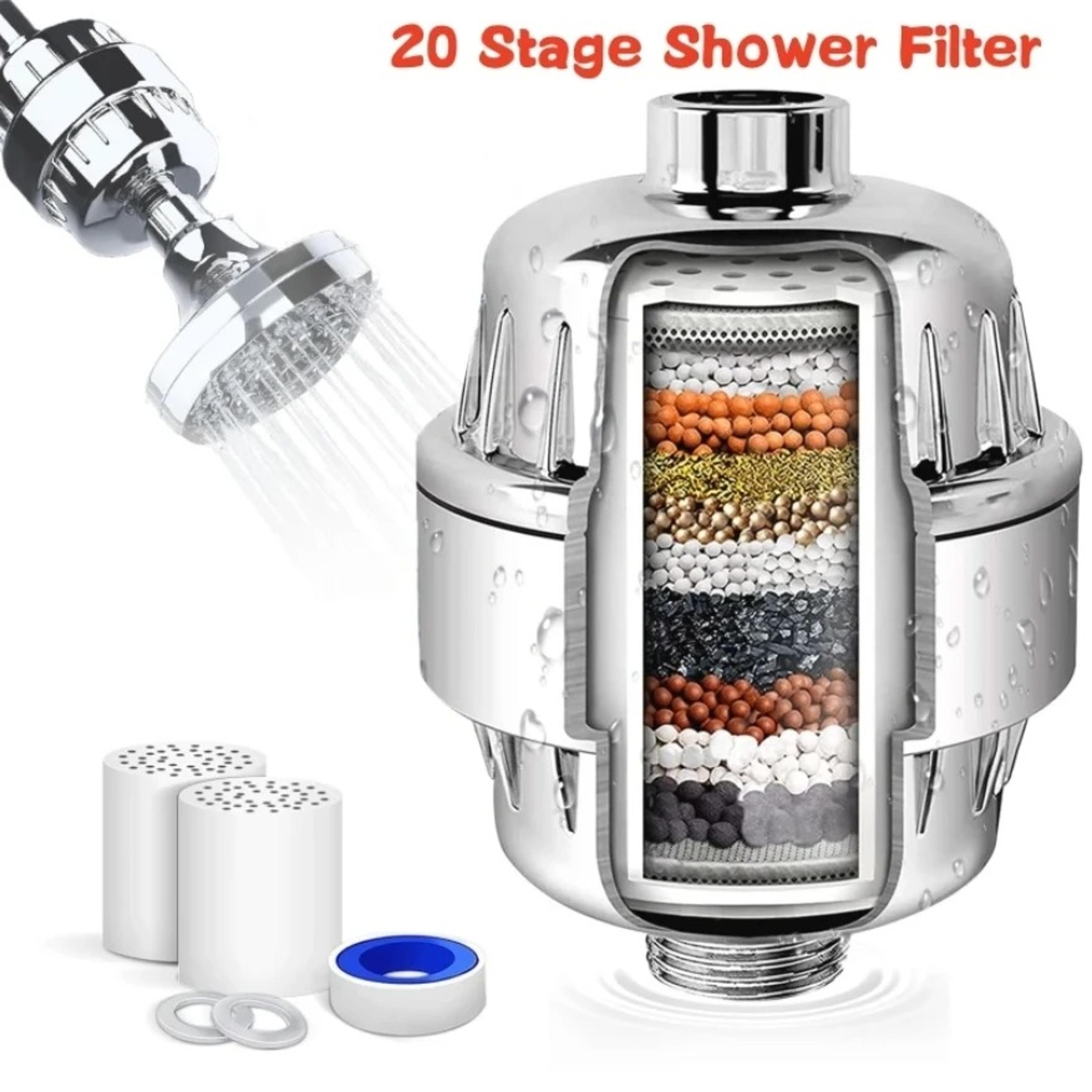high output shower water filter for chlorine fluoride heavy metals, softens hard water