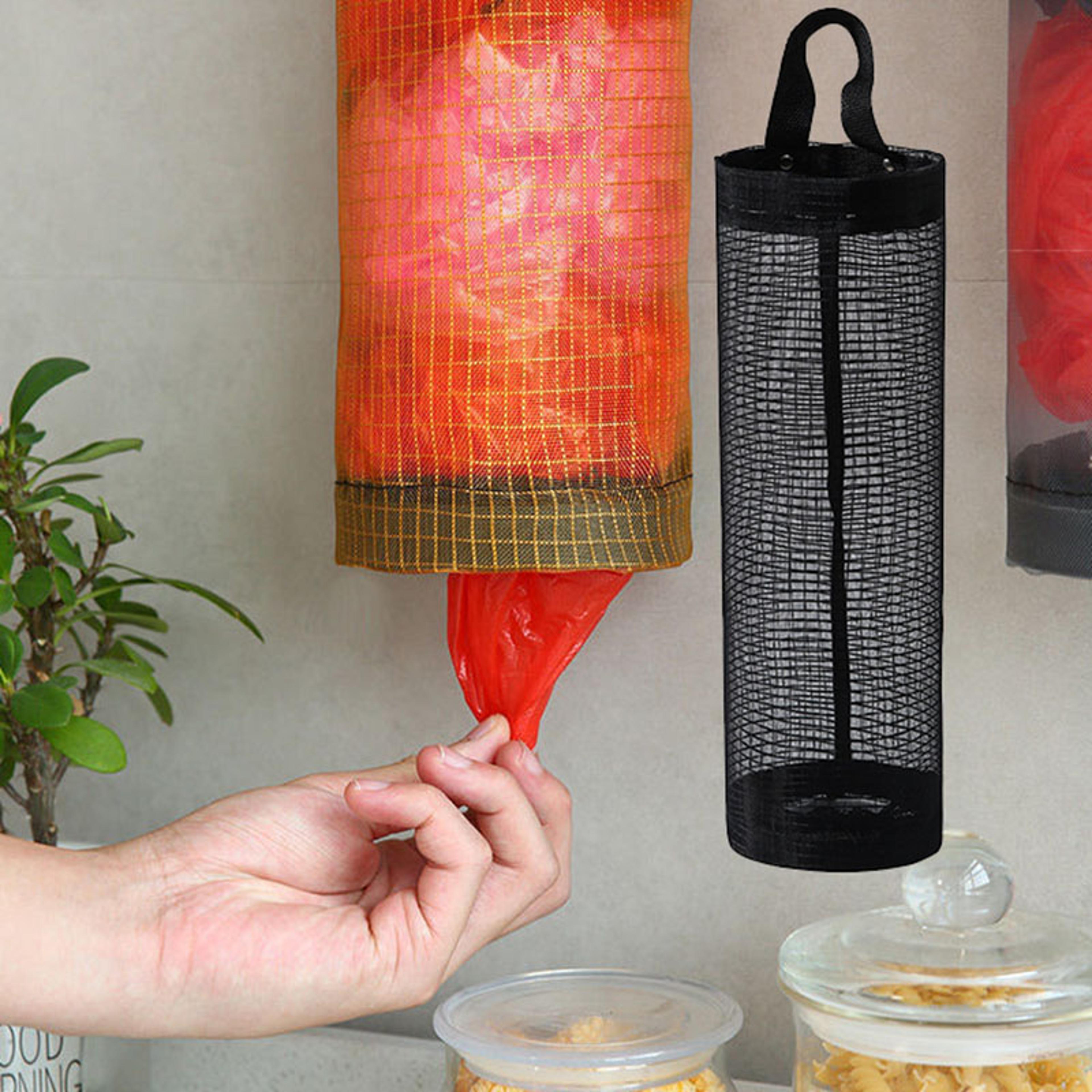 kitchen plastic bag holder, garbage bag hanging storage dispenser, mesh grocery bags organizer