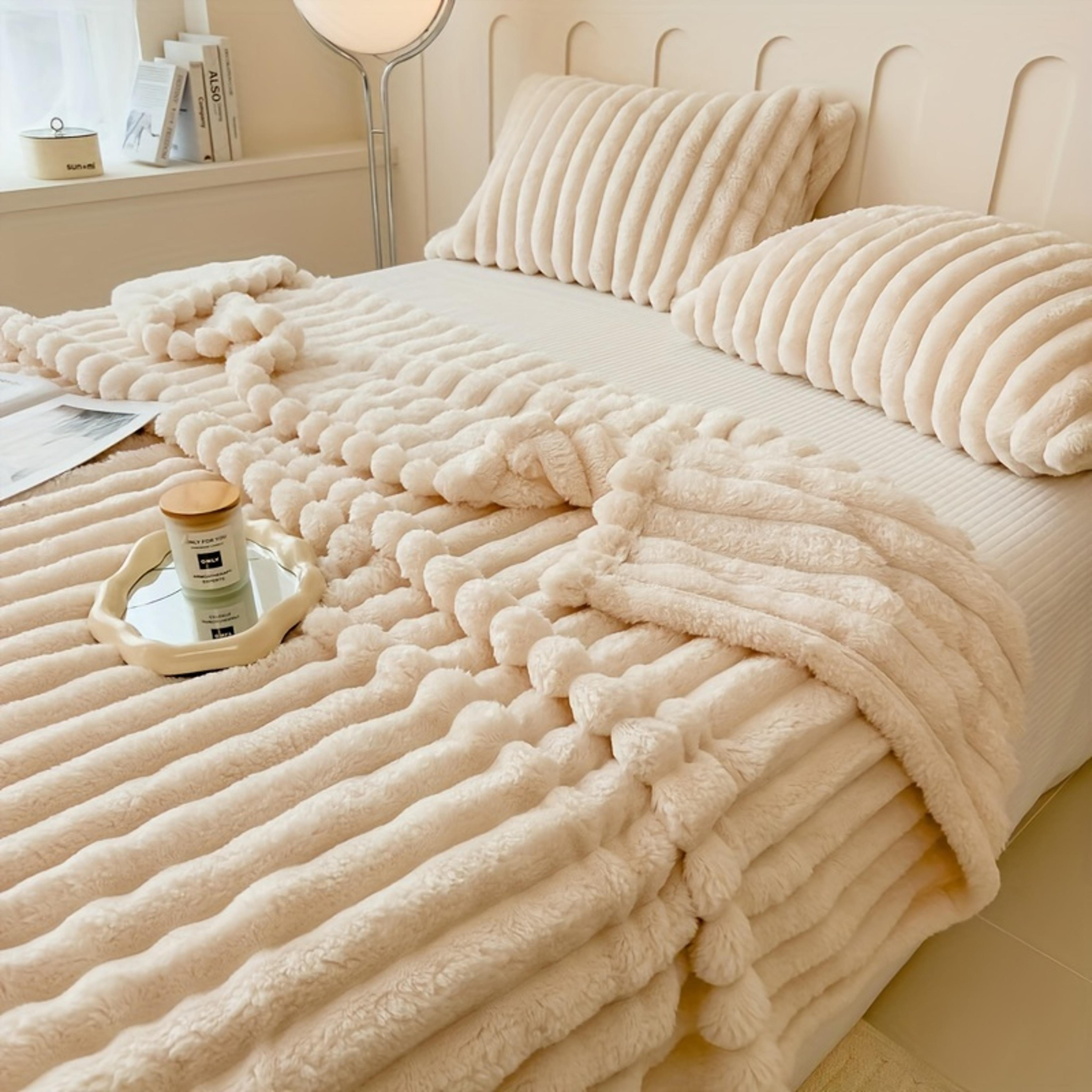 luxurious faux rabbit fur throw blanket, soft flannel fabric, all season warm cozy blanket for couch, bed, and travel