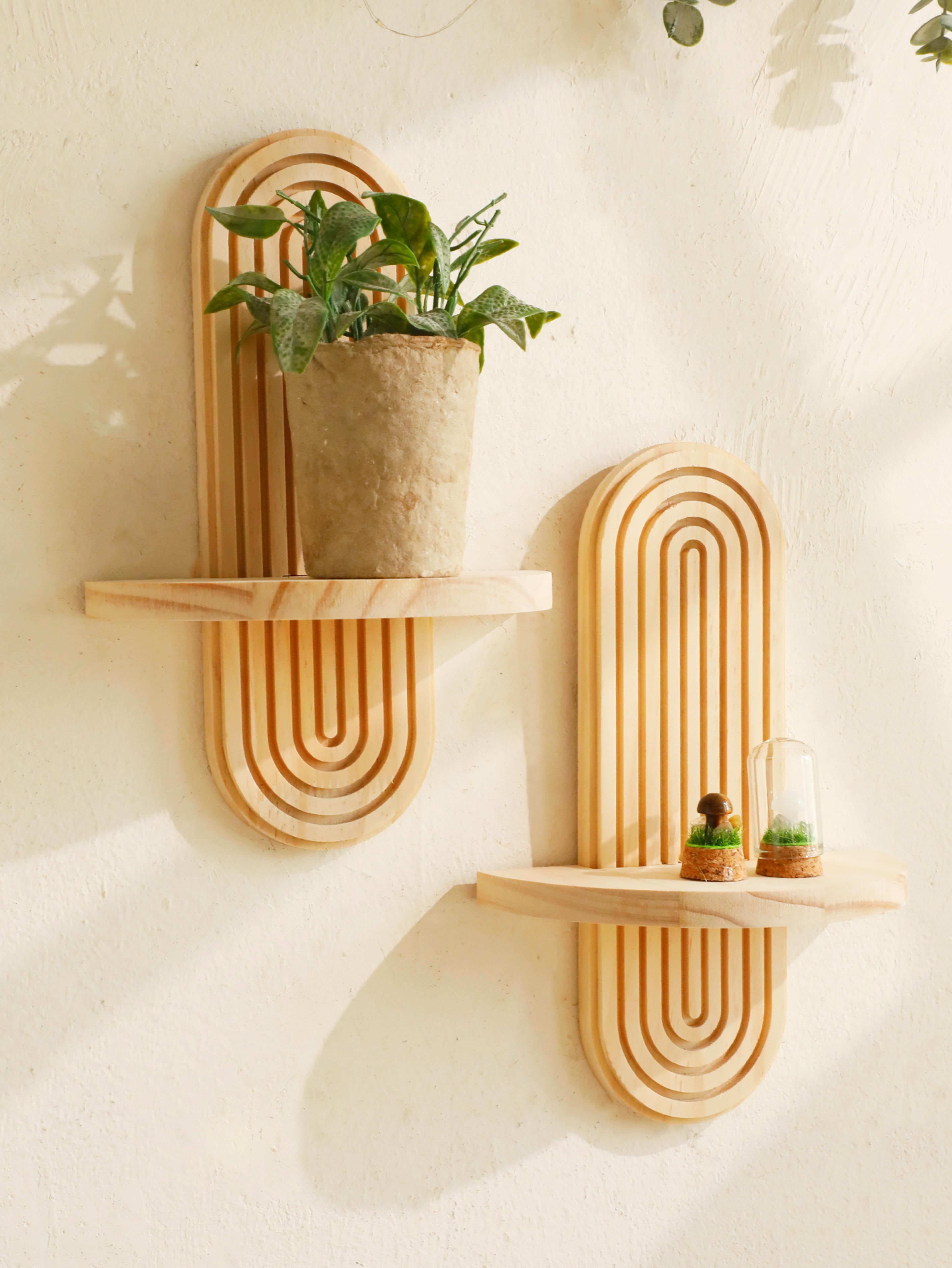 style wooden wall shelves, geometric wall mounted shelves, modern home decor, natural wood finish, plant decorative