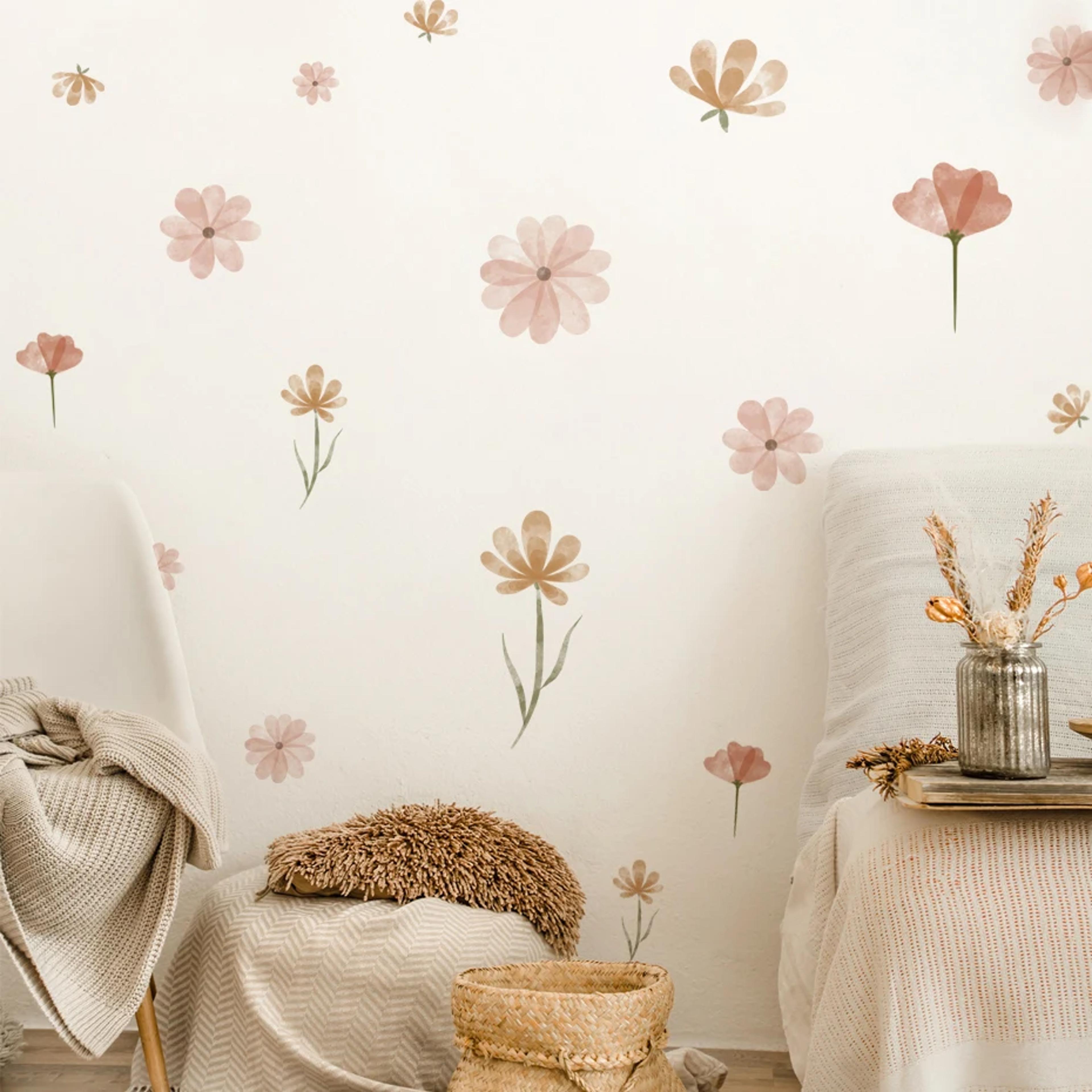 flowers wall stickers, child water colour bedroom decor, living room home art, eco friendly removable decals pvc
