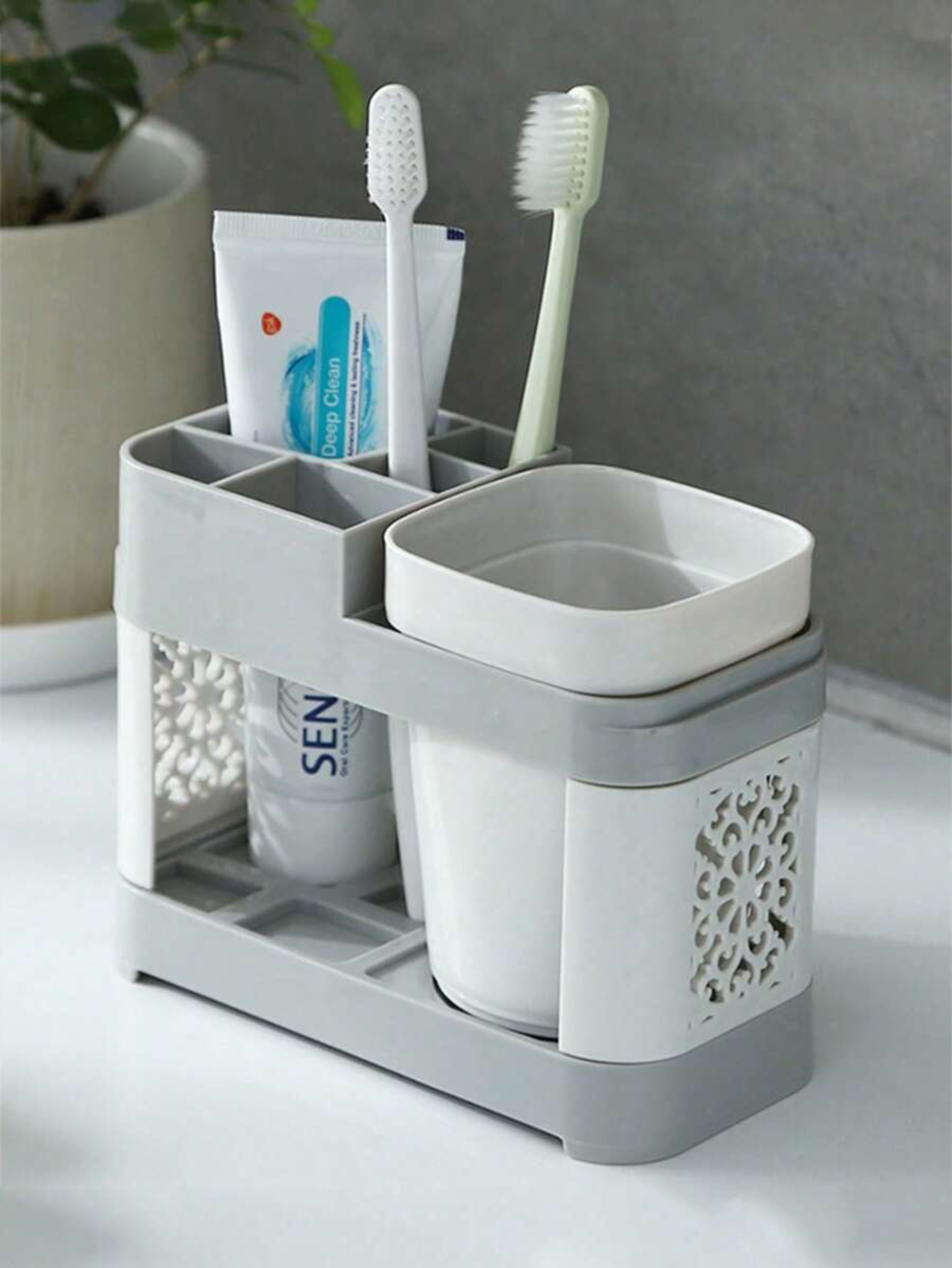 toothbrush holder with gargle cups set, creative couple home bathroom toothbrush rack cup holder, modern sink storage