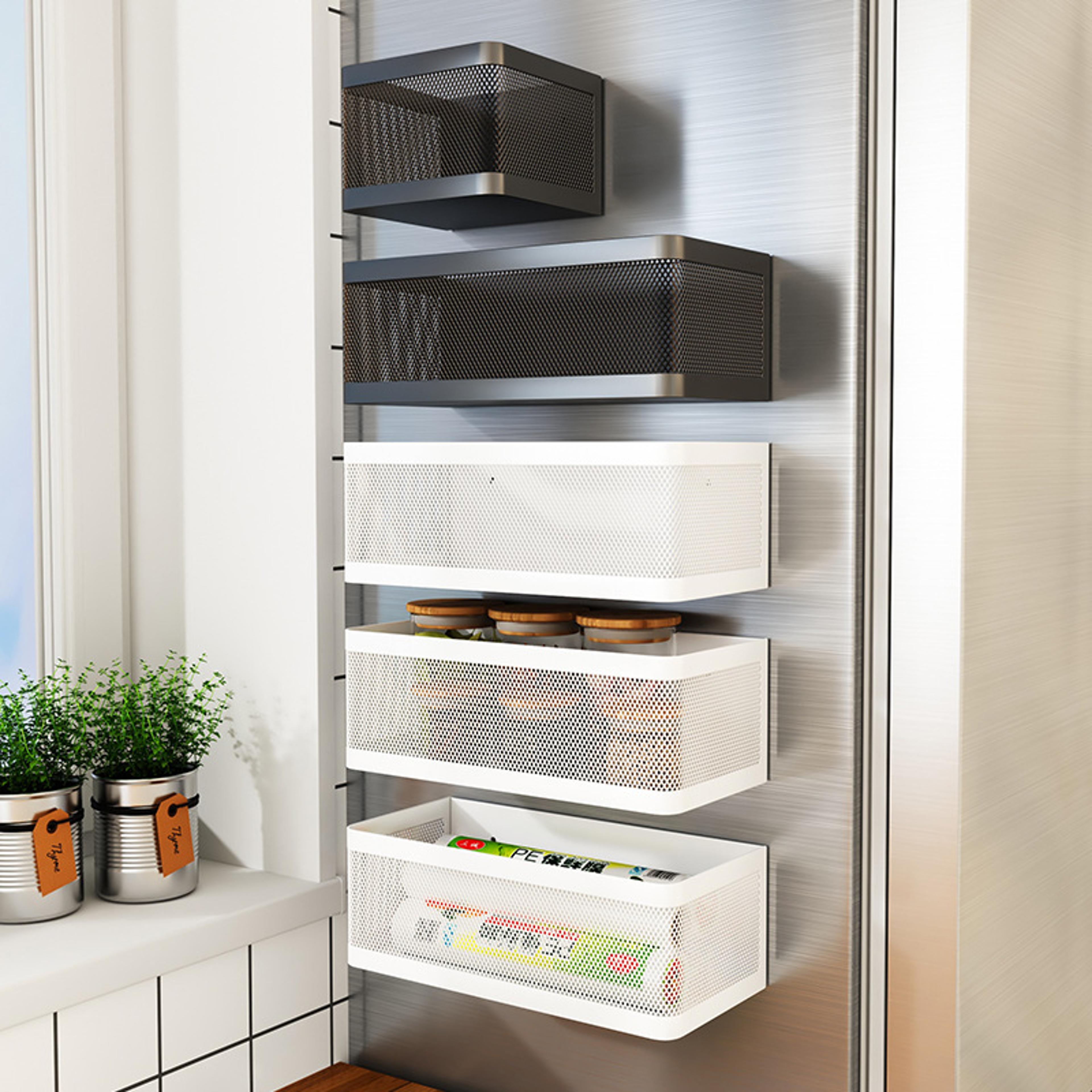 magnetic refrigerator side storage rack, iron space saving hanging basket for kitchen organizer shelf