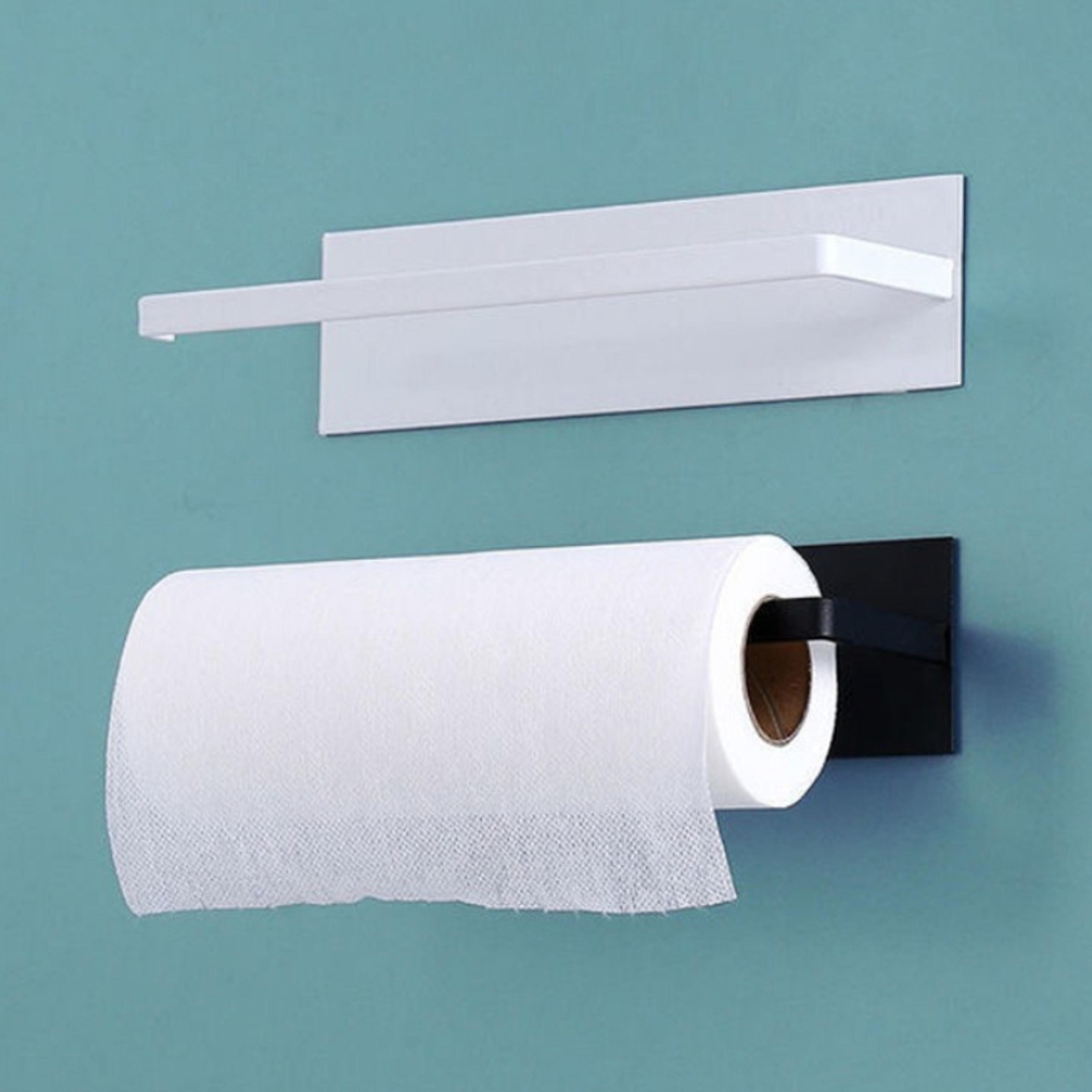 no drill adhesive kitchen paper towel holder, carbon steel roll hanger, plastic wrap storage rack