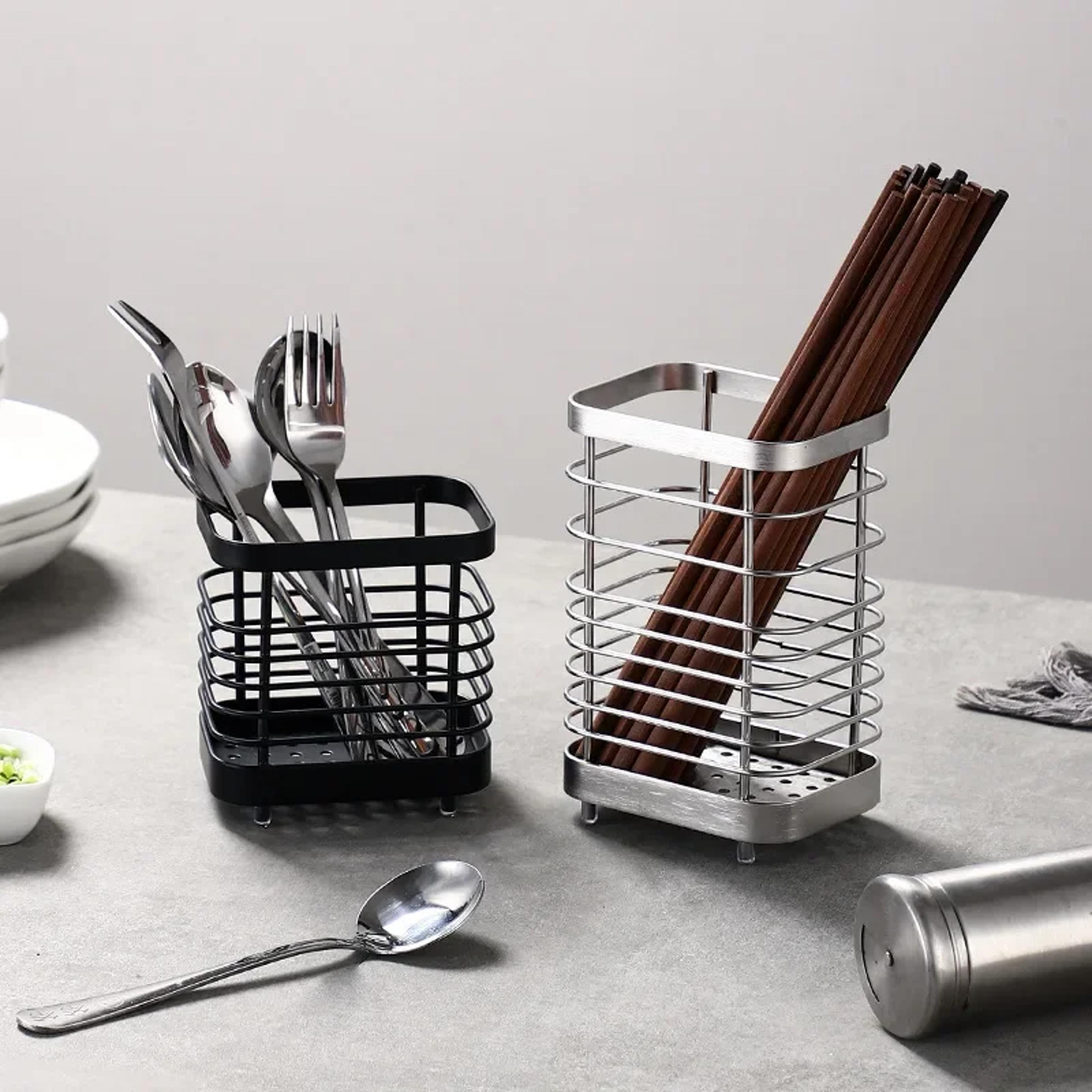 stainless steel kitchen cutlery holder, suspension type drainer for chopsticks, forks and spoons, storage organizer rack
