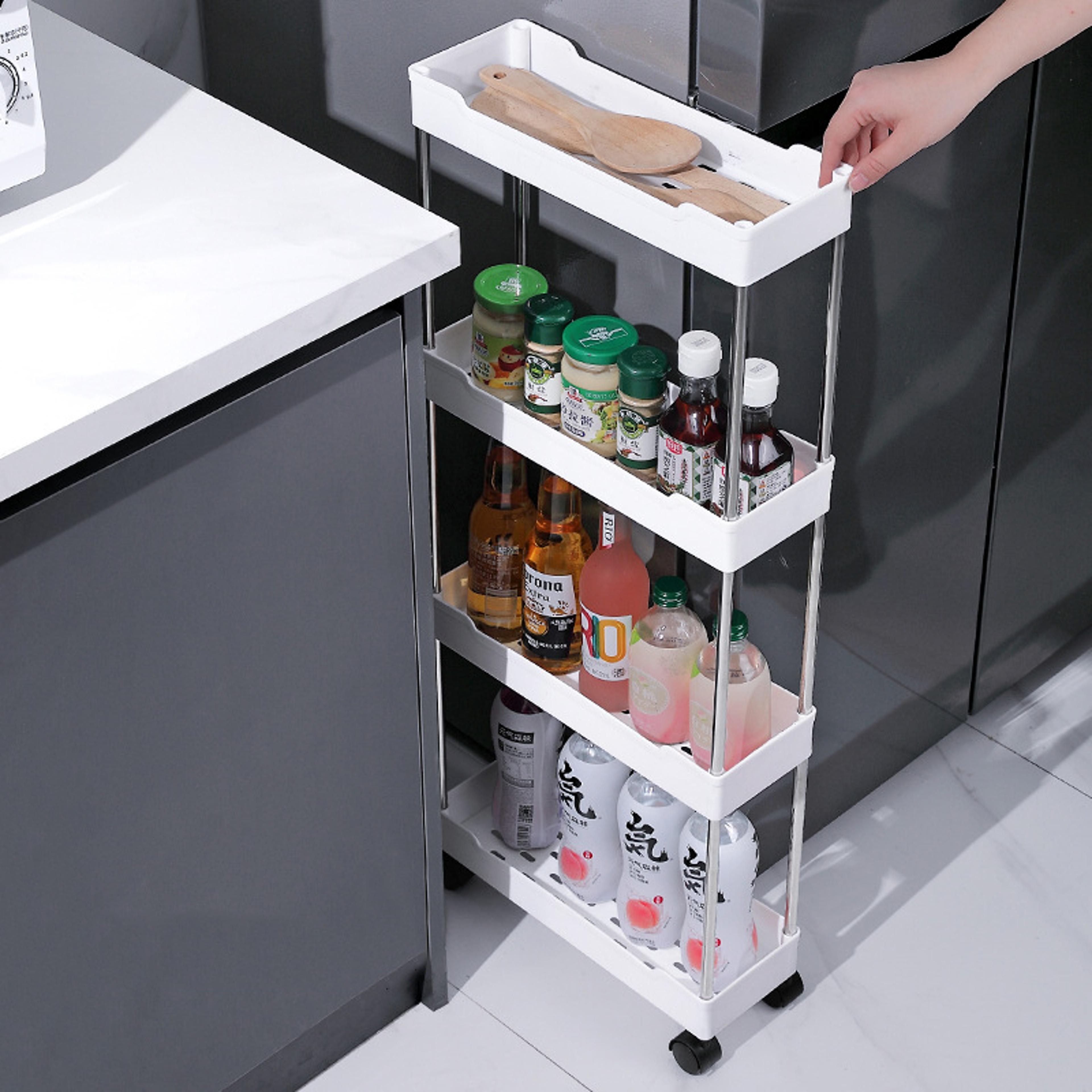 movable gap storage rack, slim rolling utility cart for kitchen, bathroom, living room