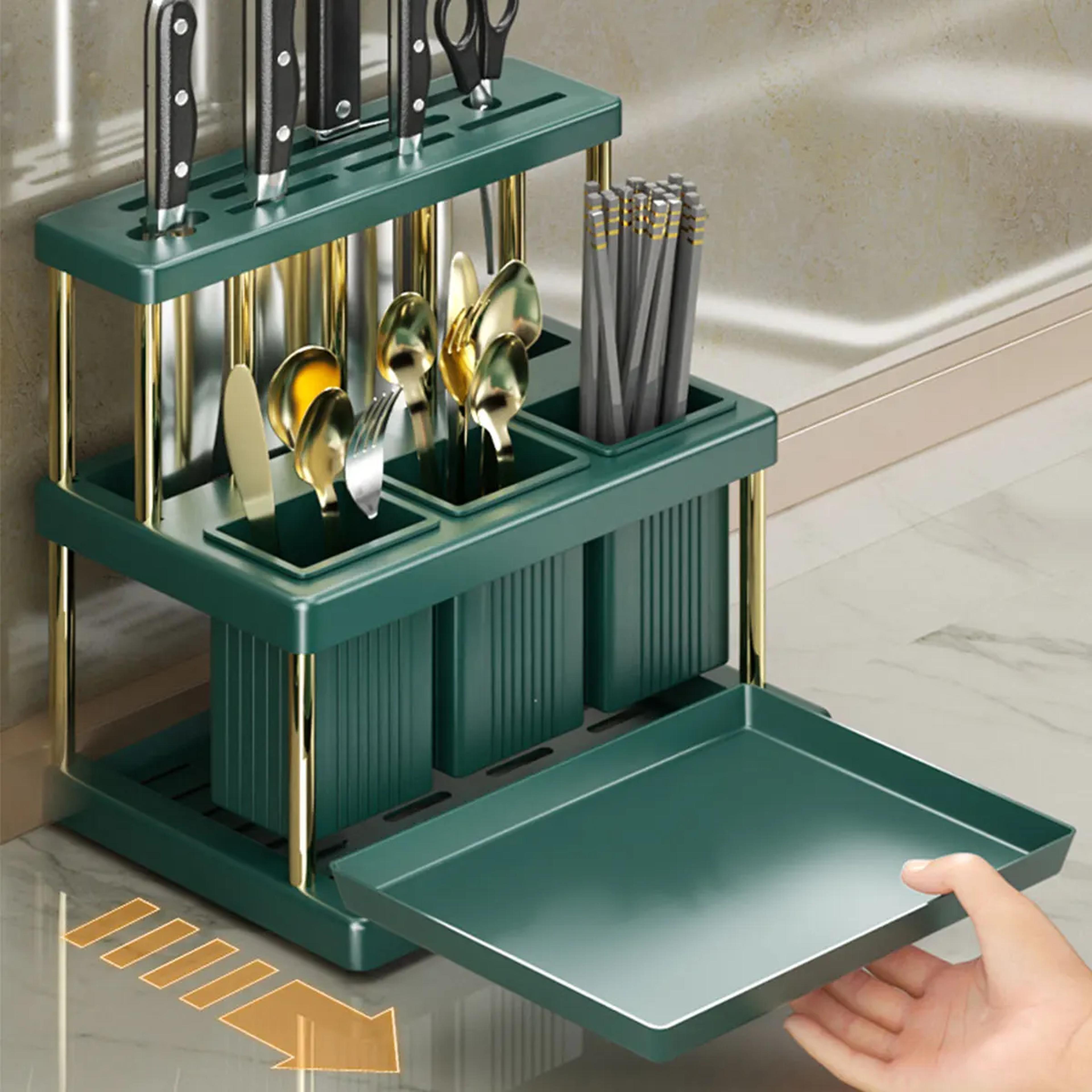 kitchen knife holder, multi-function cutter and cutlery drainer rack, space saving utensil organiser rack