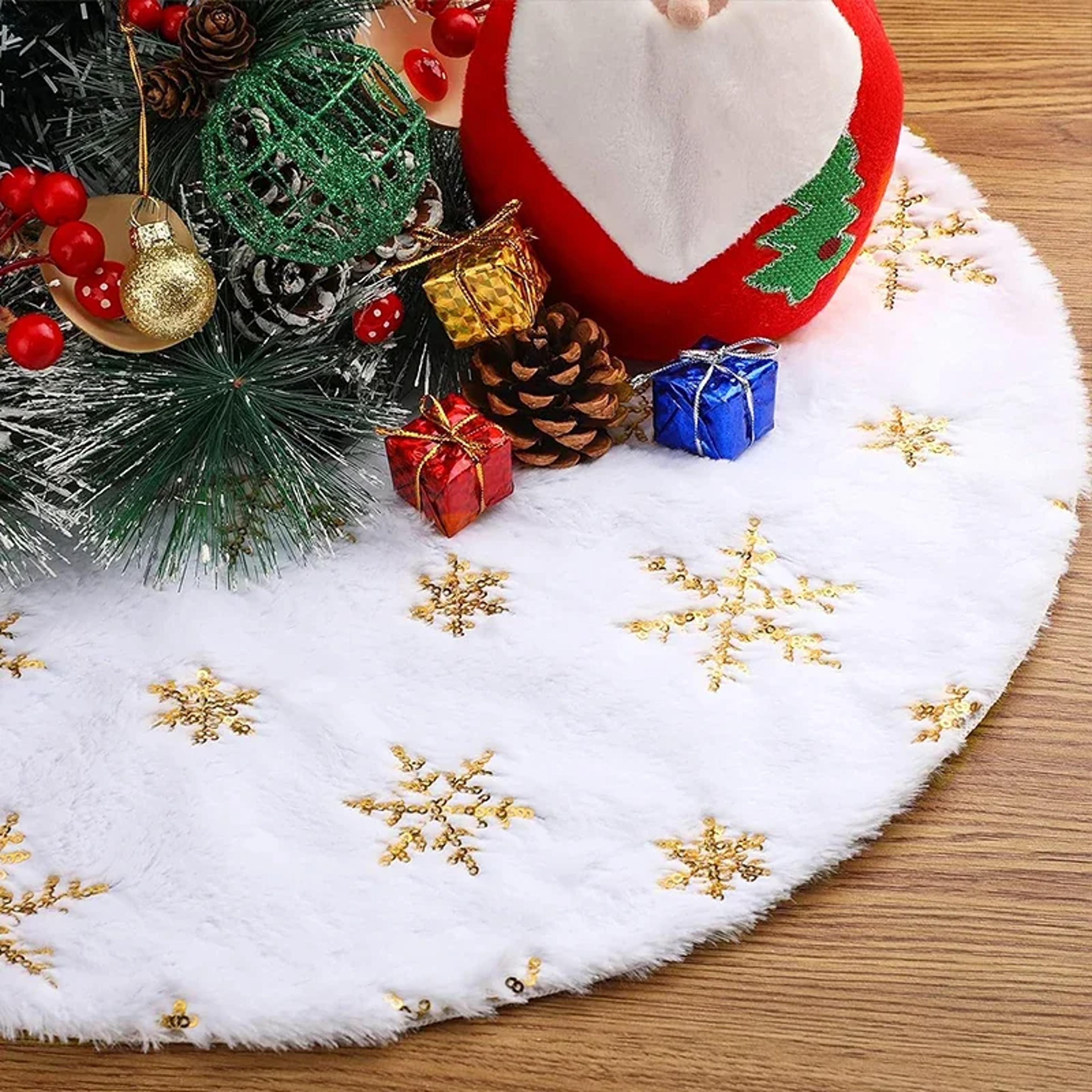 christmas tree skirt, white faux fur, sequin carpet mat, round xmas tree skirt for holiday party decorations plush