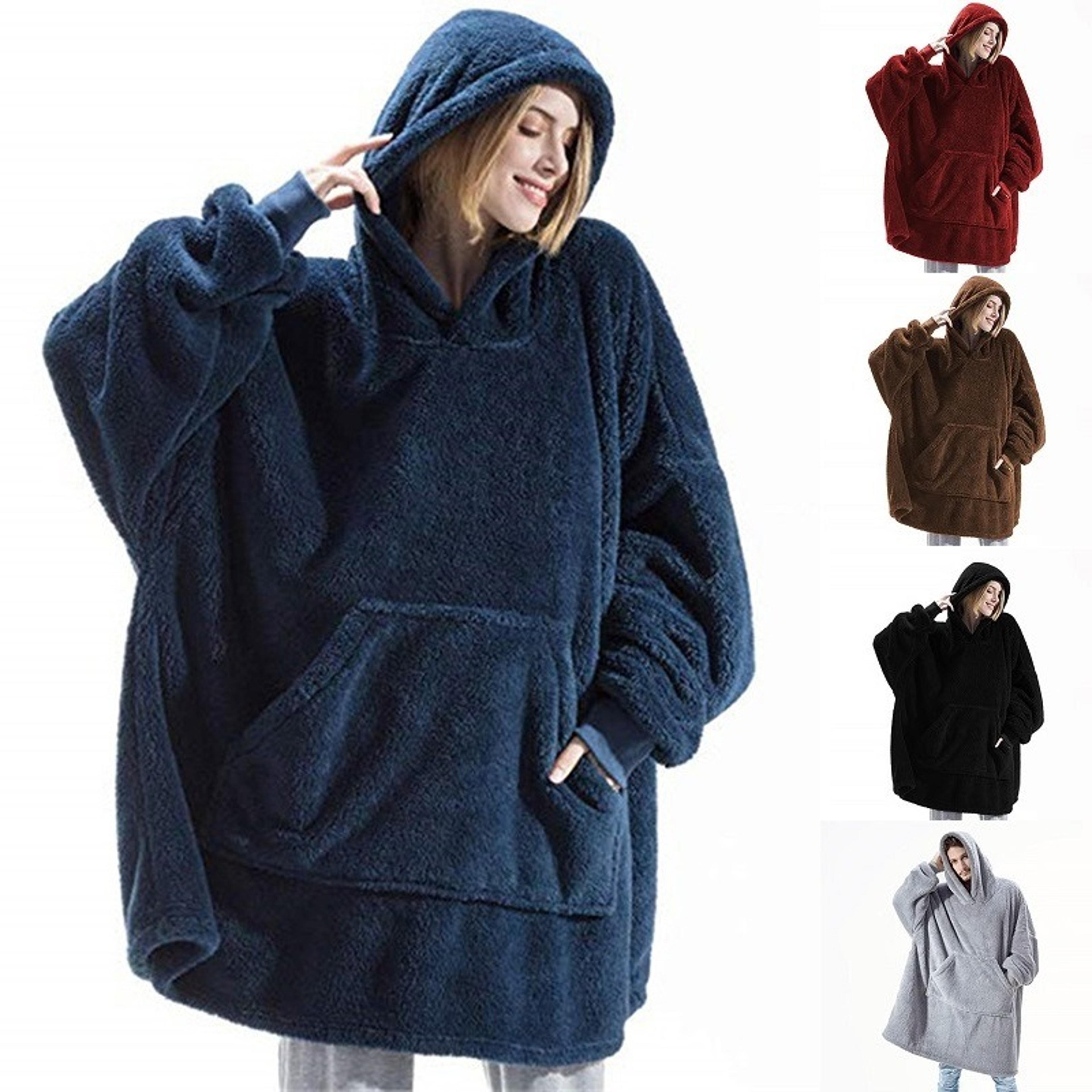 thick warm hooded outer wear women winter pullover, soft double fleece jacket, unisex long hoodies for home wear