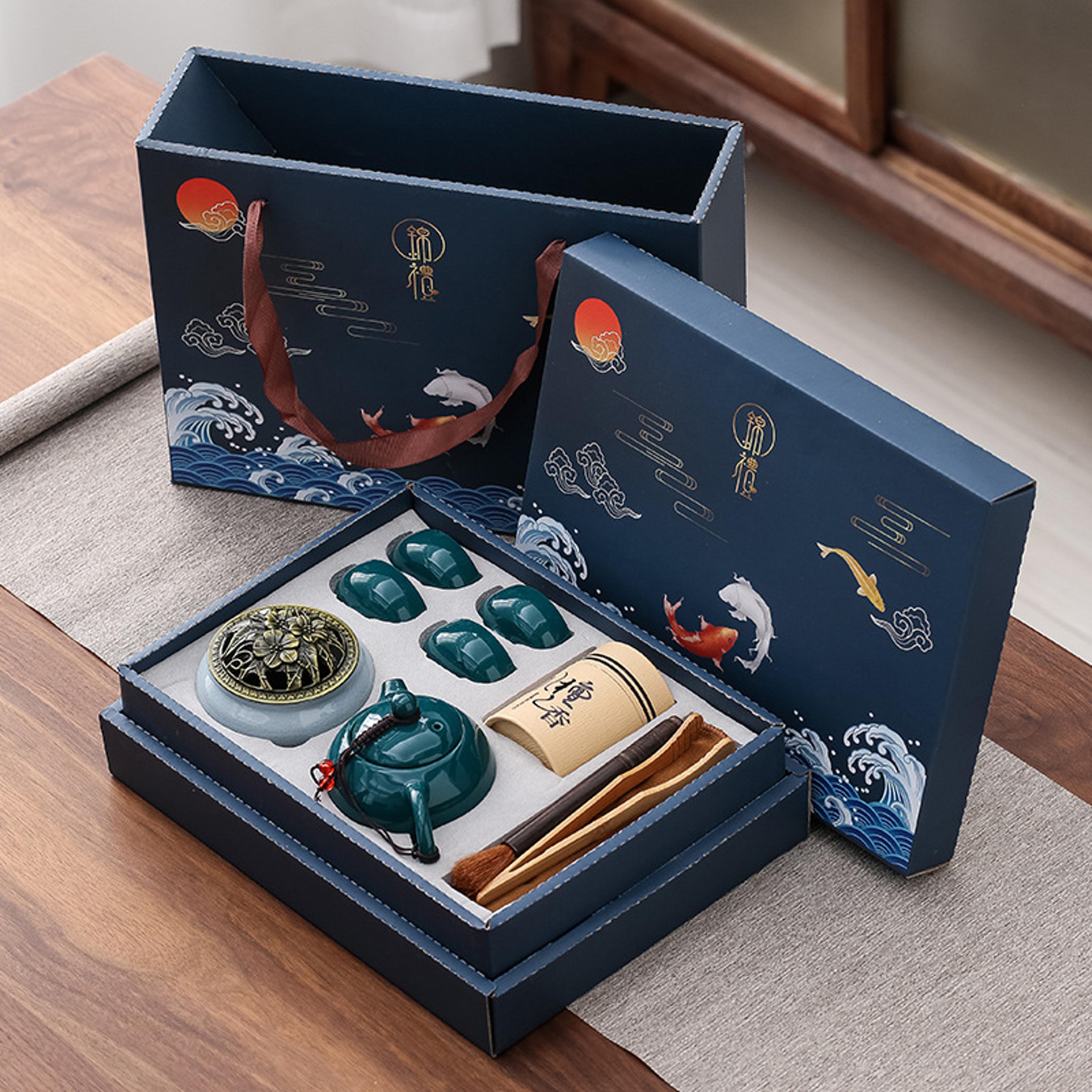 ceramic tea set one pot, four cups, sandalwood stove with incense burner gift box for ceremony