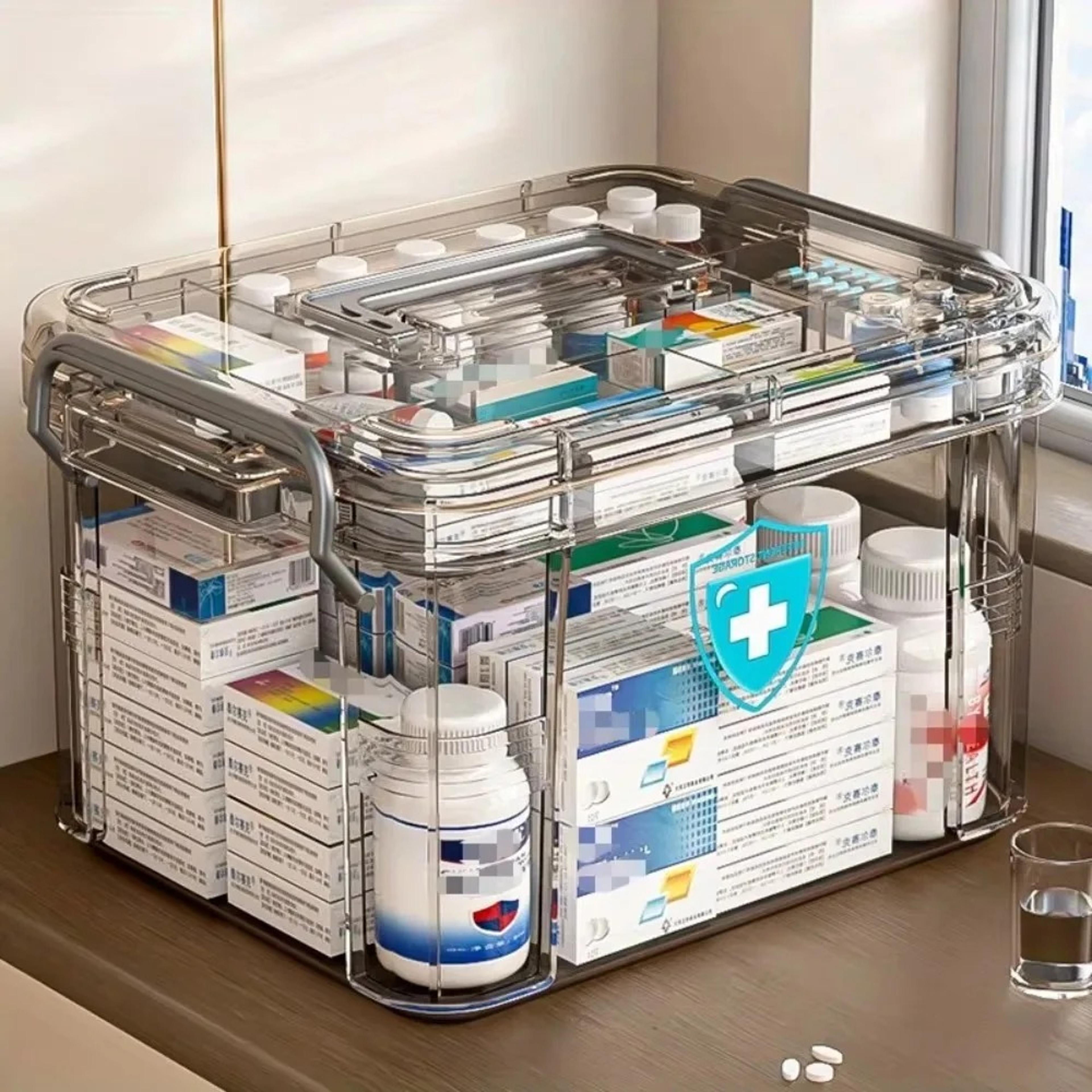 large transparent household medicine box with portable handle, multi-functional dust-proof organizer box
